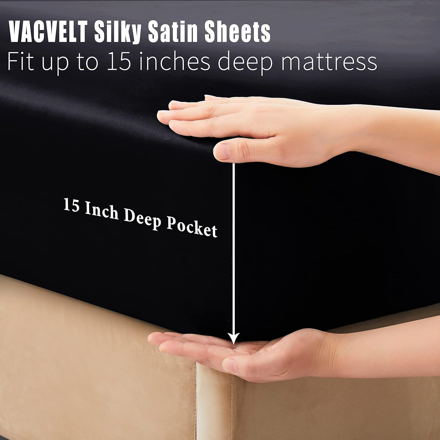 VACVELT 3pcs Black Satin Sheets Twin XL Size Bed Set, 15 Inch Deep Pocket Silky Satin Sheet Set, Soft Satin Bedding Set Cooling & Luxury…