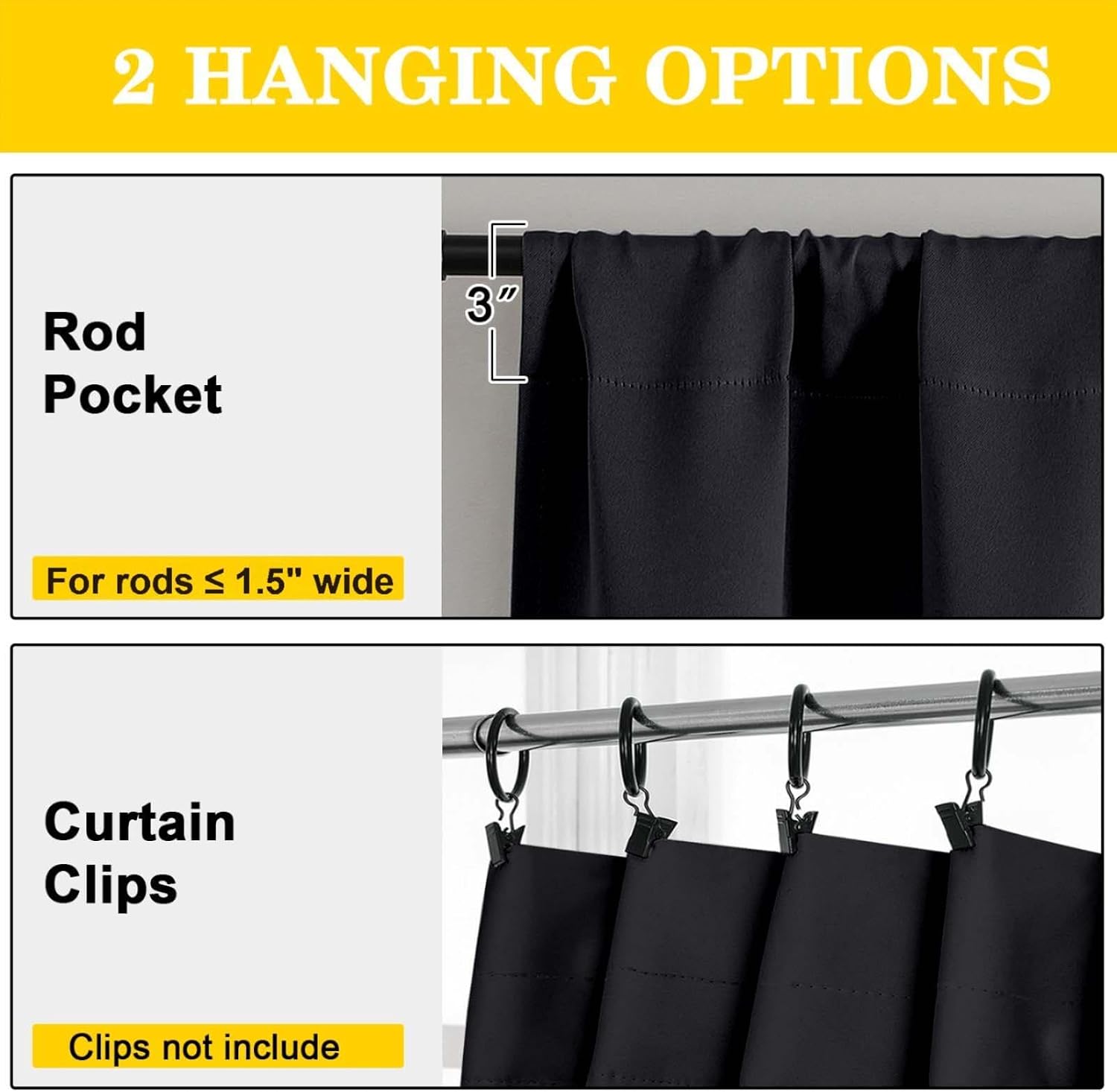 WelvetBLK Black Room Darkening Curtains for Bedroom Living Room 45 Inch Length 2 Panels Set, Soft Solid Thermal Insulated Rod Pocket Short…