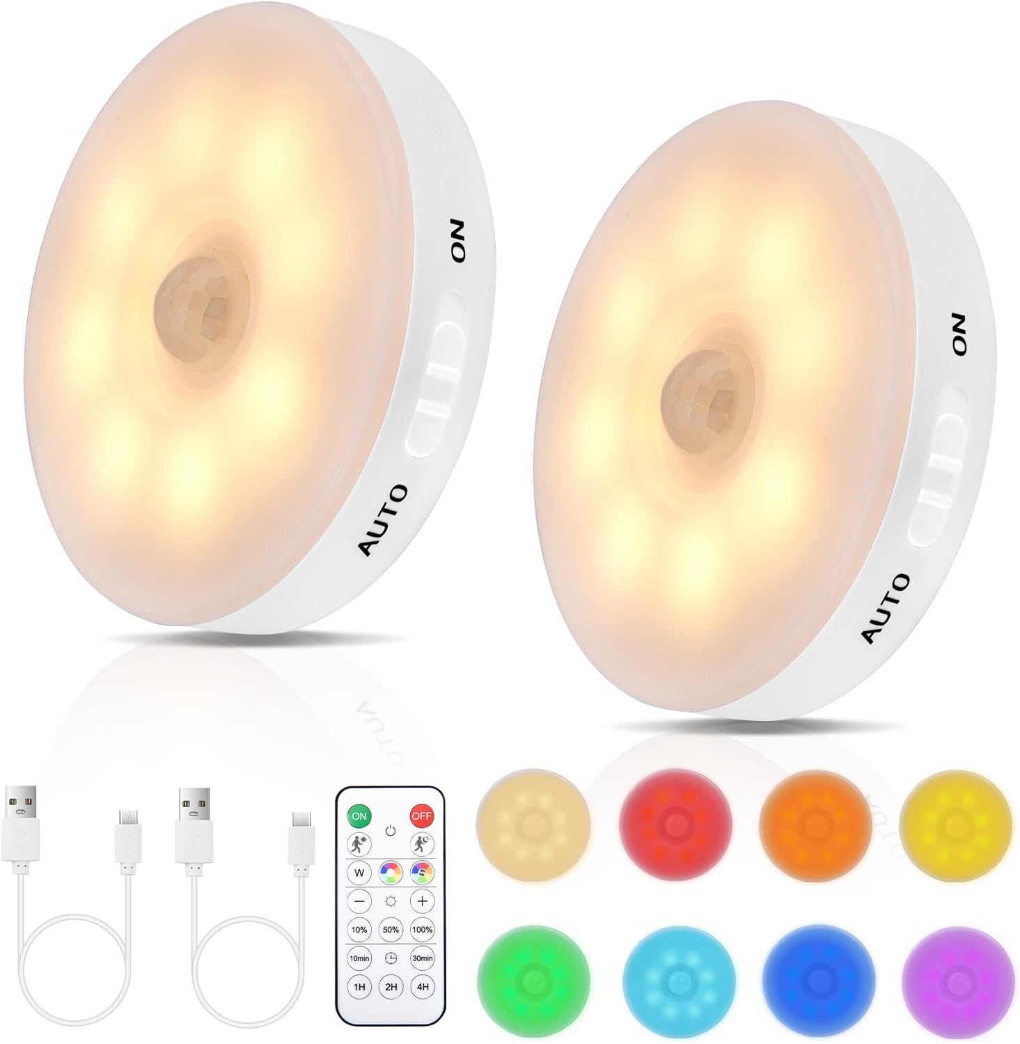 RGB LED Rechargeable Motion Sensor Night Light with Remote, Bright & Dimmable & Long-Lasting Battery, Stick-On Puck Light for Kitchen…