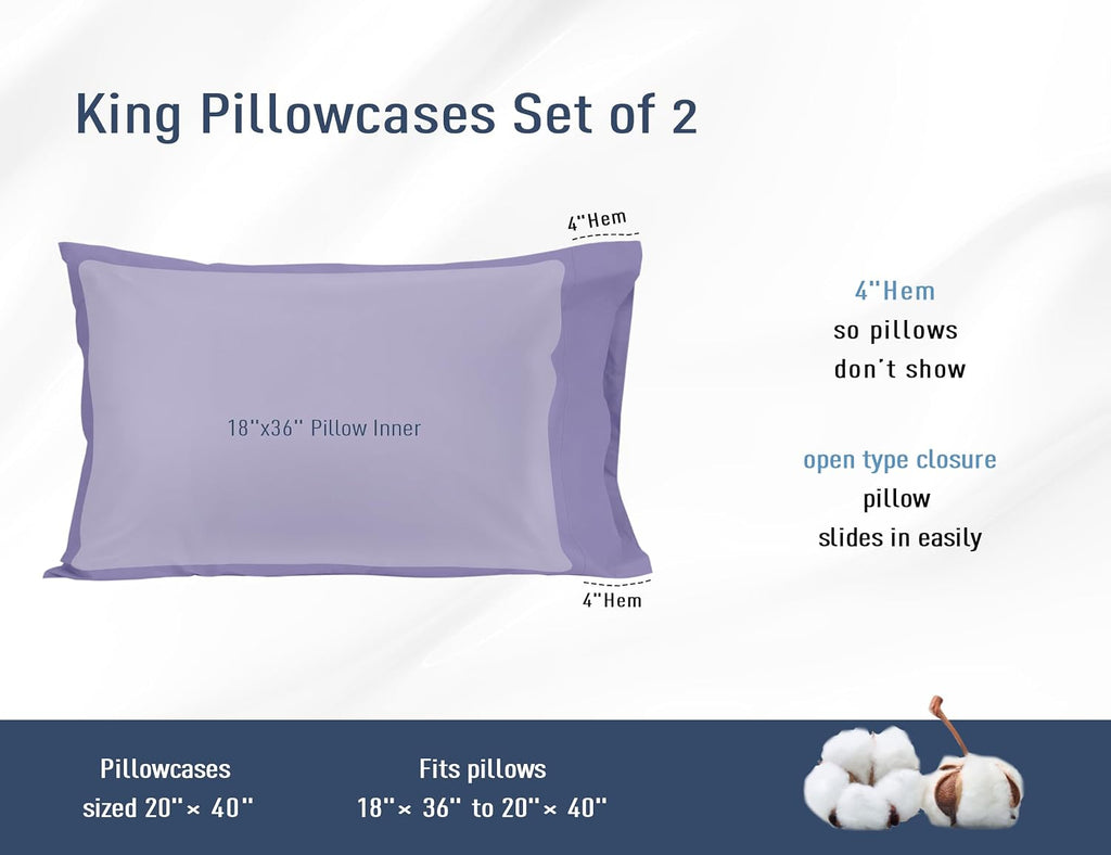 Homtec Pillow Cases, King Size Cotton Percale Weave Pillowcases, Pre-Shrunk Breathable and Hypoallergenic Pillowcases, Set of 2 (2 Piece Ki…