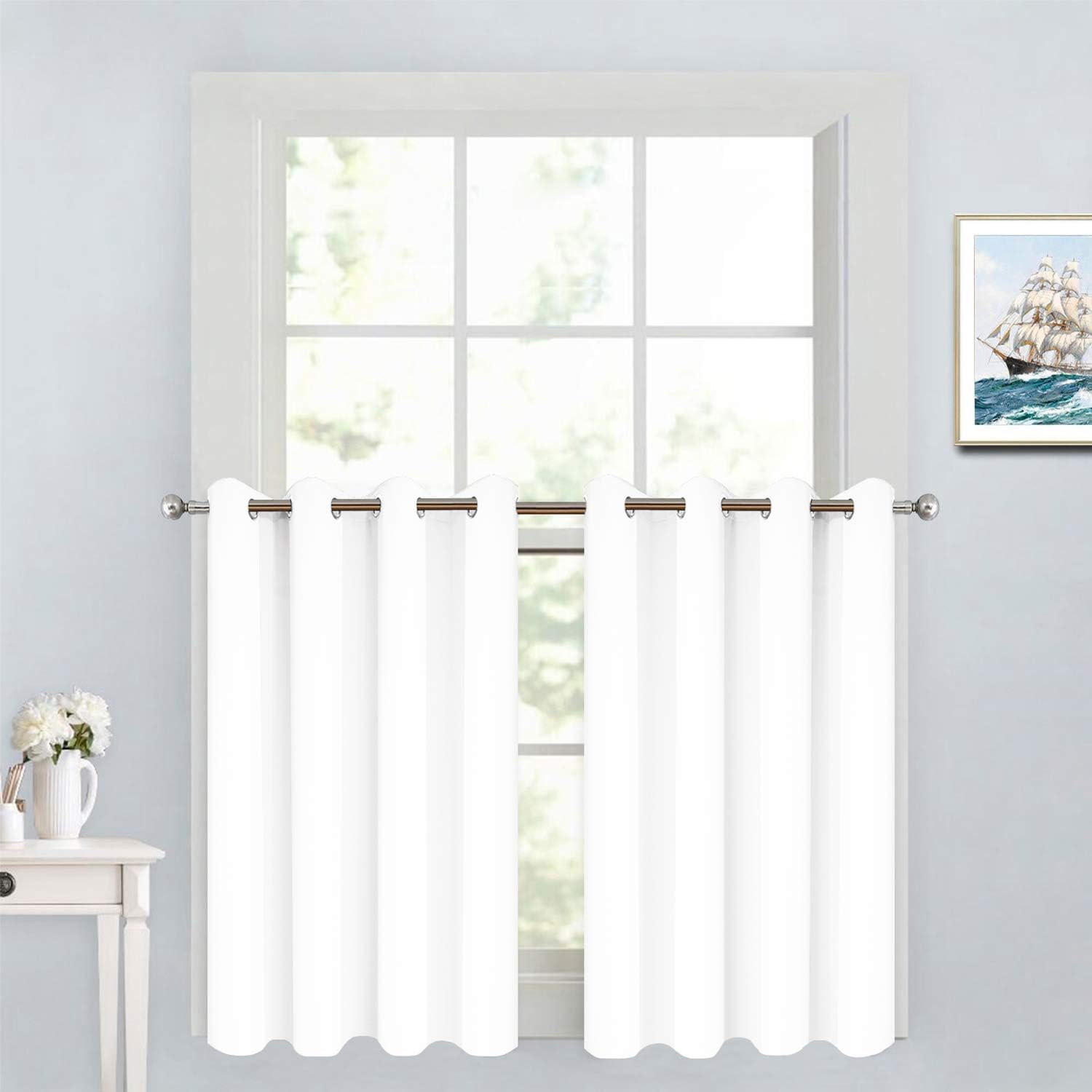 Yakamok Room Darkening Window Curtains for Kitchen, Thermal Insulated Grommet Window Drapes for Bedroom Basement, Pure White, 52W x36L, 2…