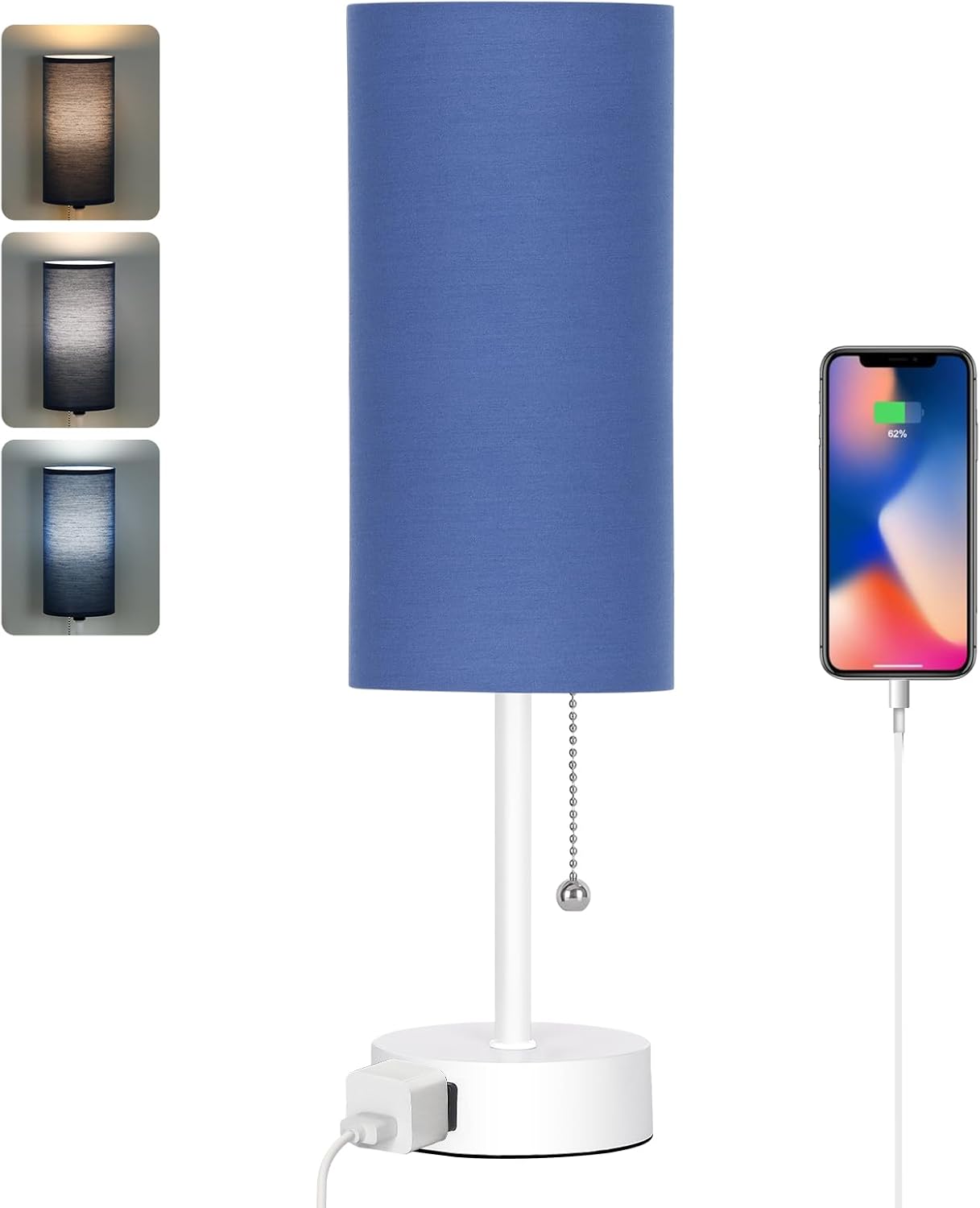 Dott Arts Table Lamp for Bedroom, 3-Color Bedside Lamps with Pull Chain, Bedroom Table Lamps for Nightstand, AC Outlet Small Lamp for…
