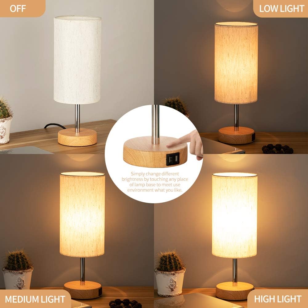 Yarra-Decor Bedside Lamps with USB Port - Touch Control Table Lamp for Bedroom Wood 3 Way Dimmable Nightstand Lamp Set of 2 with Round…