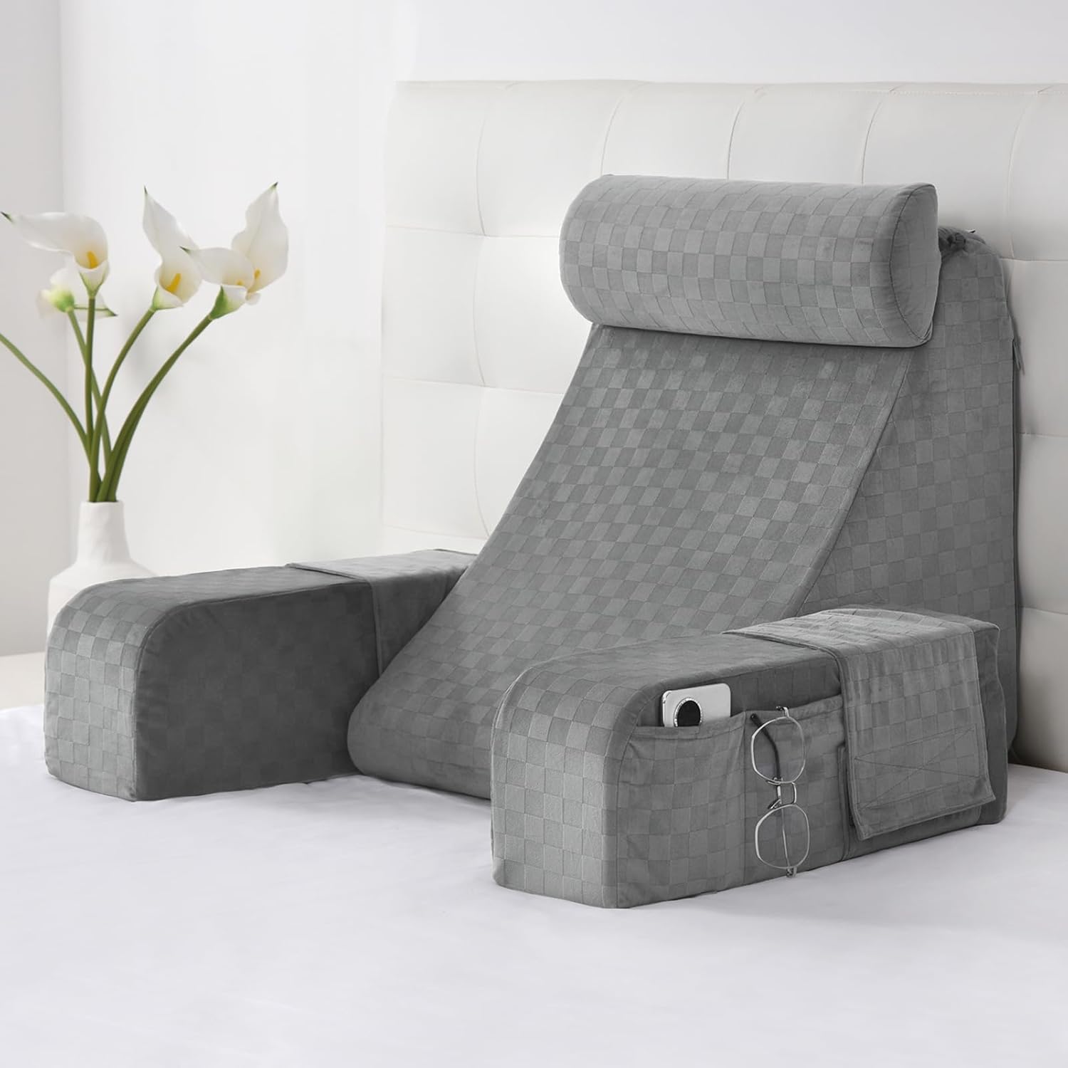 Vekkia Reading Pillow for Adults – Ergonomic 45° Wedge Back Support Chair for Sitting in Bed, XL Side Pockets, Perfect for Working…