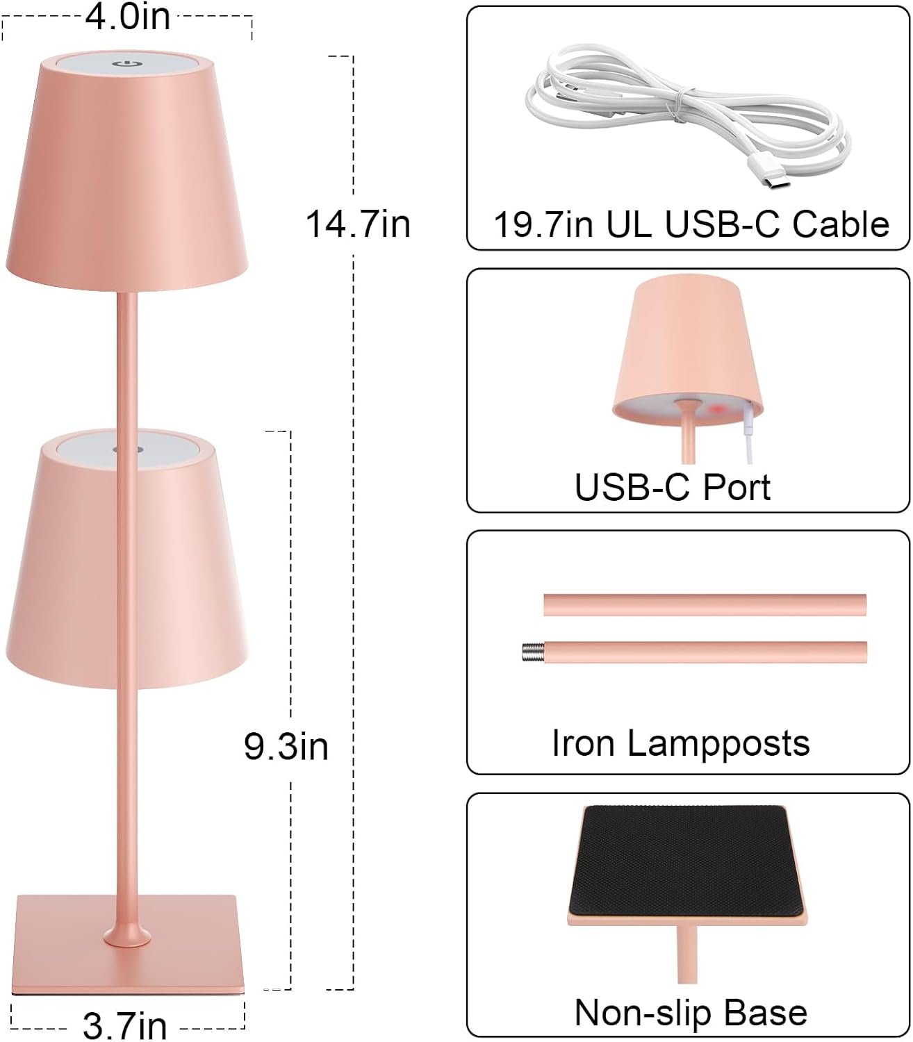 Kakanuo Pink Cordless Rechargeable Table Lamp 5000mAh Battery Operated Lamps, 3 Colors Stepless Dimming Touch Lamp for Living Room…