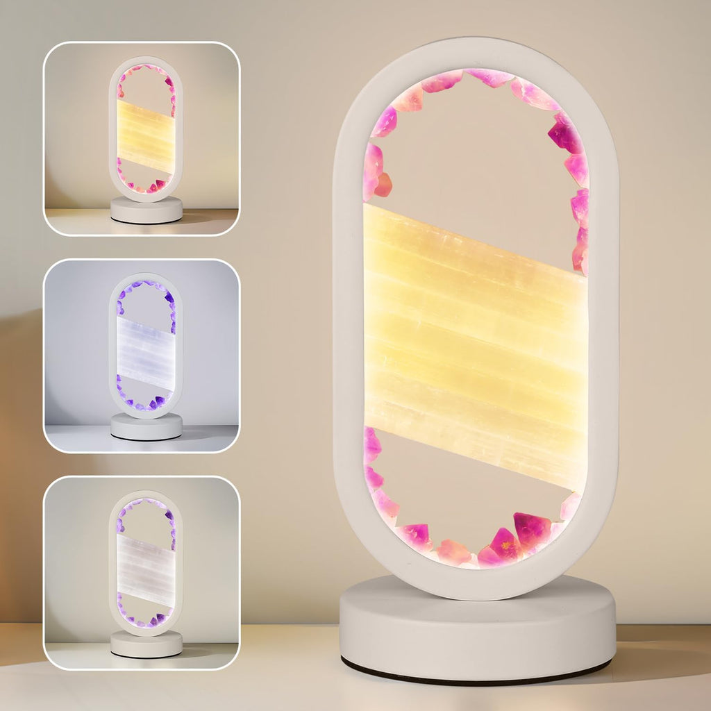 Natural Amethyst and Selenite Crystal Healing Night Table Lamp –3-Color Dimmable Mood Lighting for Meditation Relaxation and Restful…