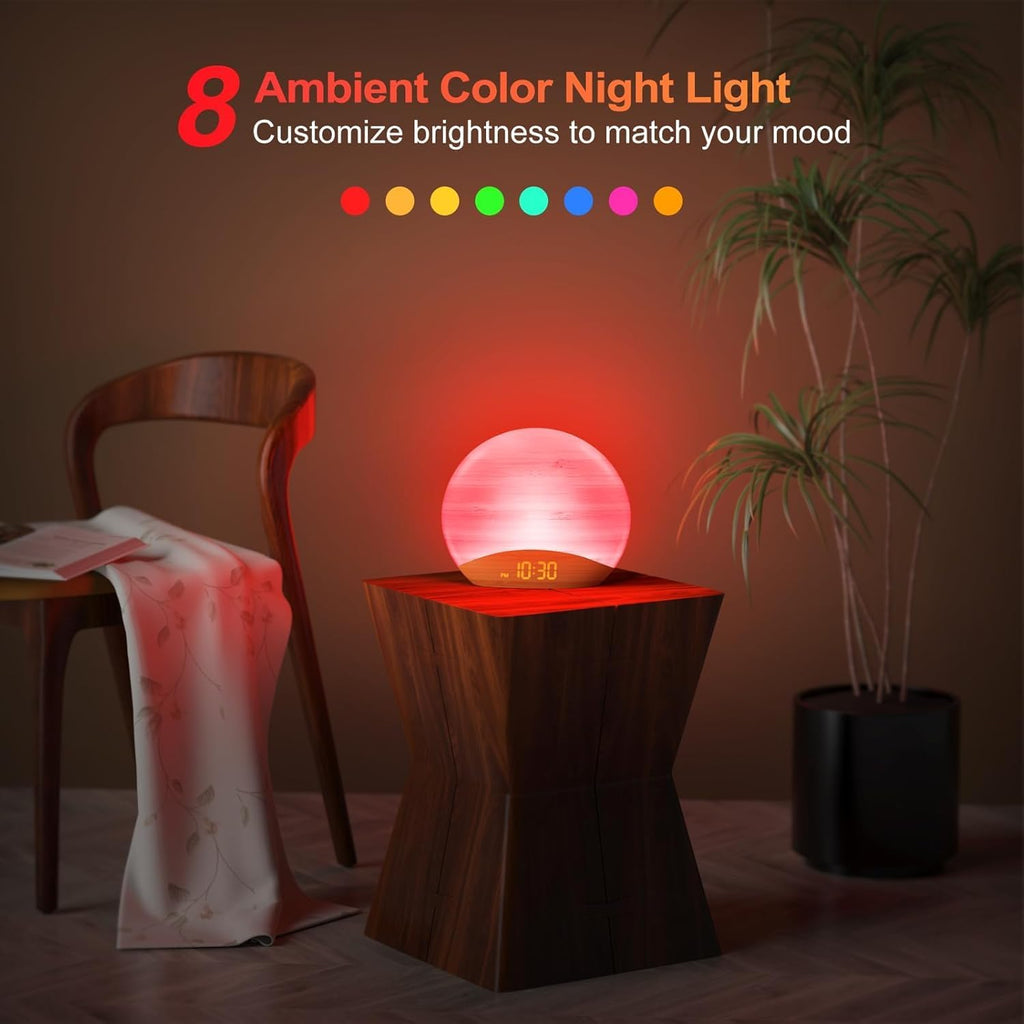 REACHER Natural Wood Grain Sound Machine Sunrise Alarm Clock,26 Nature Inspired Sleeping Sounds, 0-100% Dimmable Clock, Night…