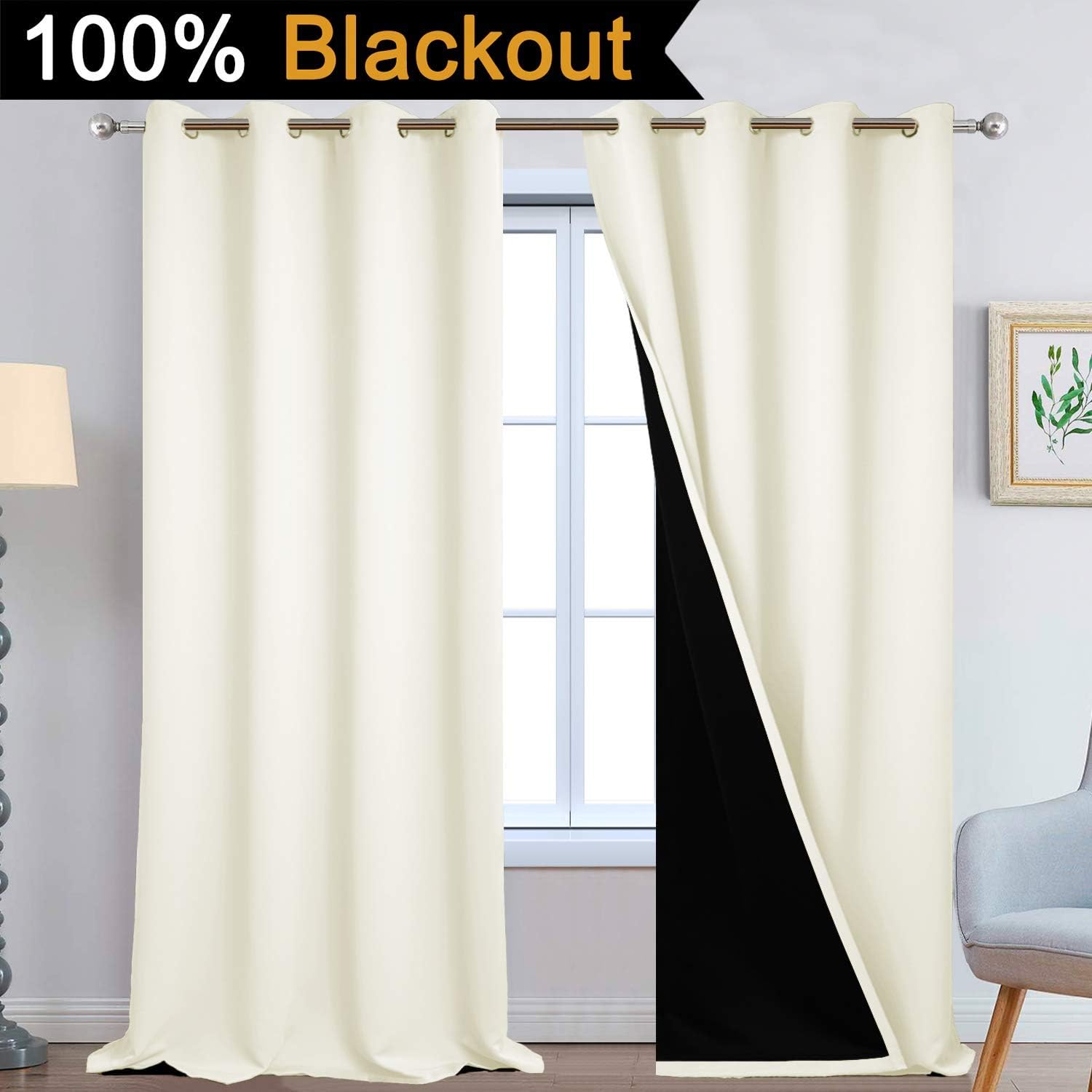 Yakamok 100% Blackout Window Curtain Panels, Heat and Full Light Blocking Drapes with Black Liner for Nursery, 108 inches Drop Thermal Insu…