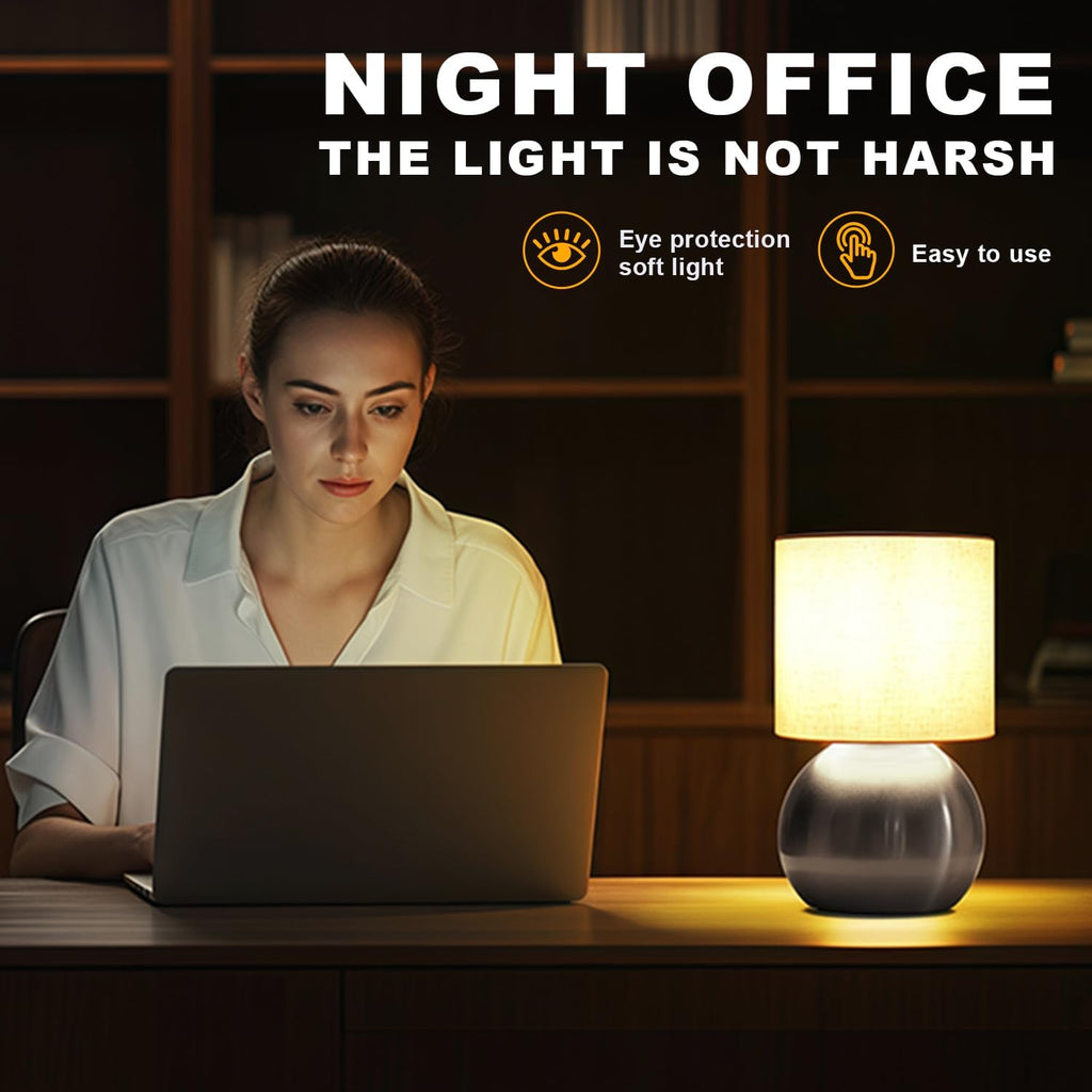 Modern Silvery Small Table Lamp with Cotton Linen Shade, 10.4-inch LED Desk Light, One-Button Switch for Bedroom, Living Room…
