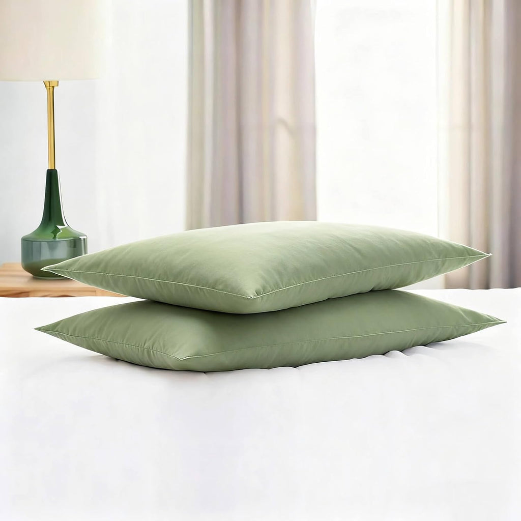 Flat Ultra Thin Bed Pillows Standard/Queen Size Pillow Set of 2 Extra Soft Down Alternative for Stomach Back Sleeper Sage Green