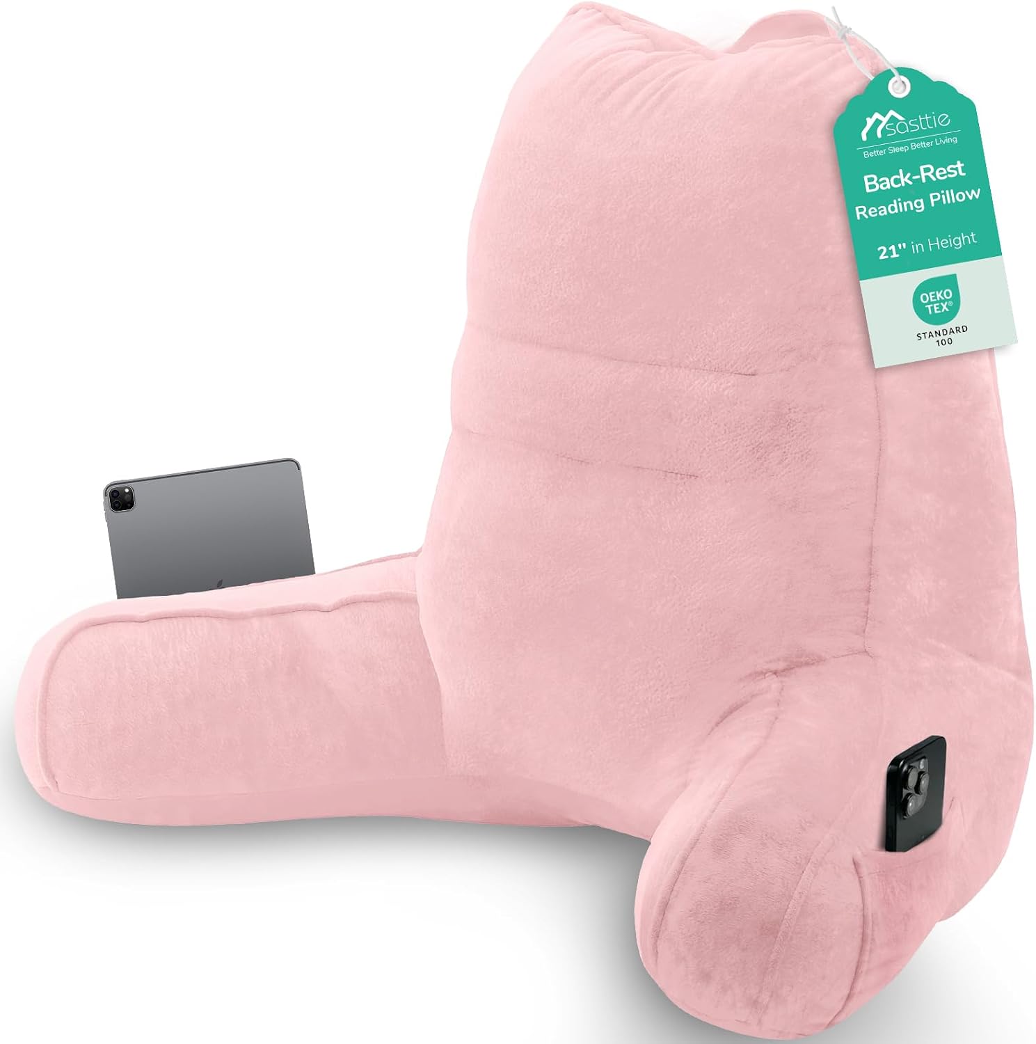 Sasttie Reading Pillow, Pillows for Reading or Relaxing – Ergonomic Support for Head, Neck, Back, and Lumbar, 21-Inch, Light Pink Pink