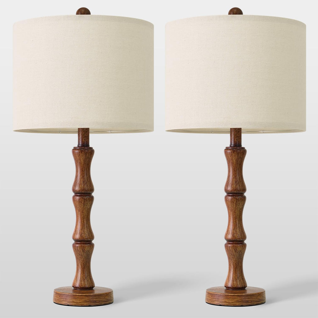 BOBOMOMO 25" Rustic Table Lamps Set of 2, Farmhouse Nightstand Lamps with Wood Grain Resin Base & Linen Shade, Standard Table Lamps for…