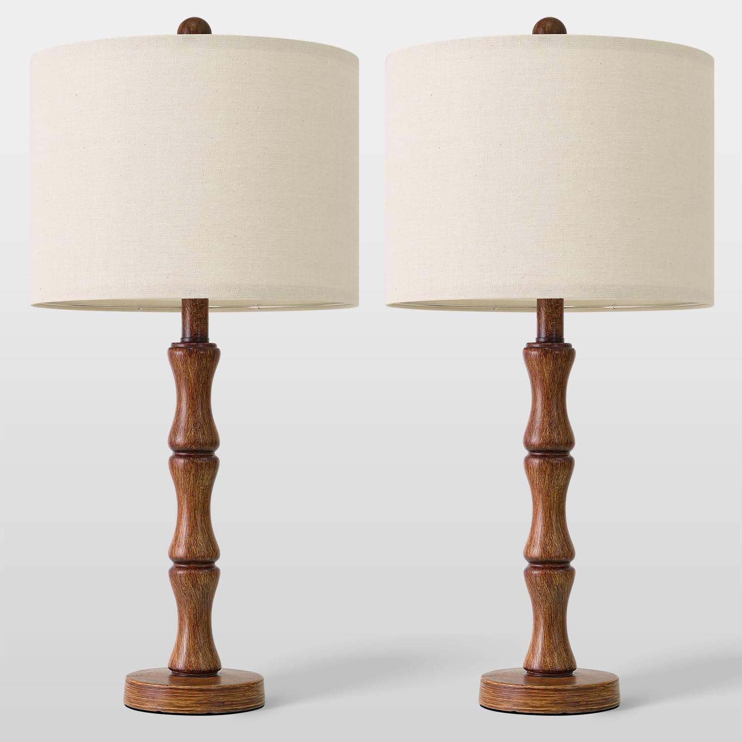 BOBOMOMO 25" Rustic Table Lamps Set of 2, Farmhouse Nightstand Lamps with Wood Grain Resin Base & Linen Shade, Standard Table Lamps for…
