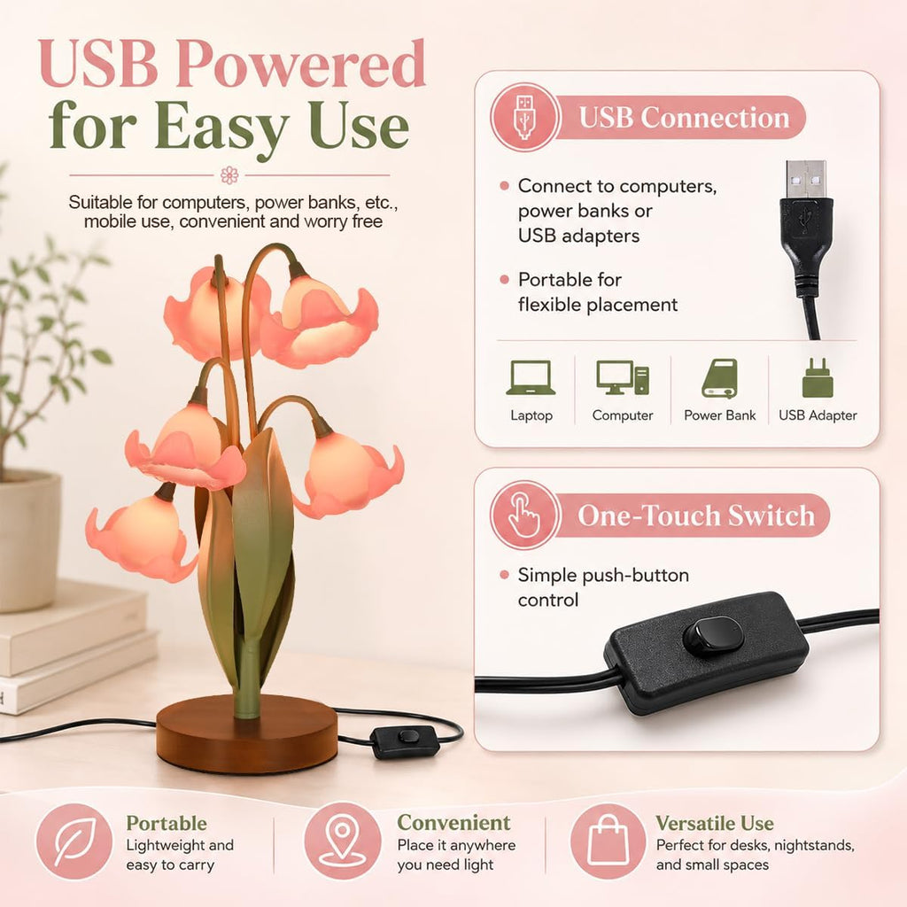 Flower Table Lamp for Bedroom, Cute Reading Light with 5 Pink Magnolia Flower of The Valley, Desk Lamp Bedside Lamps for Nightstands Home…