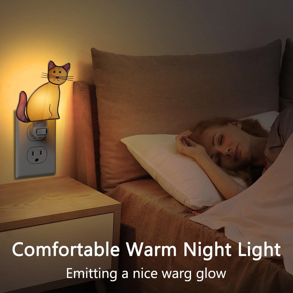 KY&BOSAM Stained Glass Cat Night Lights Plug into Wall 1-Pack 7W Plug in Night Light Dusk to Dawn 3000K Warm White Bright Nightlight…