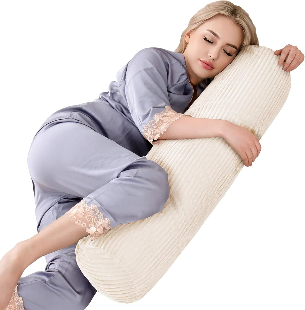 1Middleone 1 MIDDLE ONE Body Pillow for Adults, Long Bolster Pillow for Bed, Decorative Round Roll Hug Pillow with Corduroy Cover (Off-Whit…