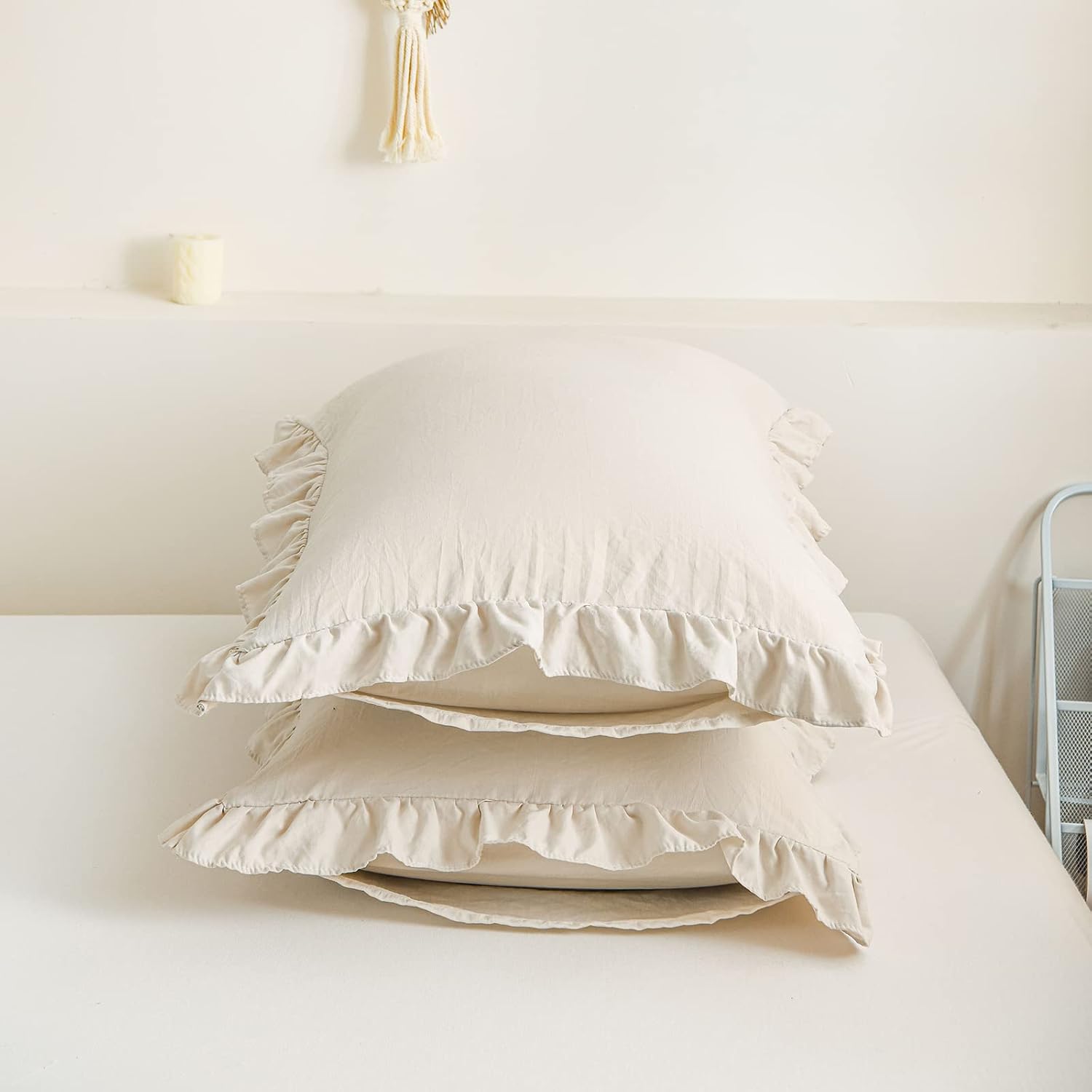 Merryword Beige Pillowcases Ruffled Pillow Shams Beige Grey Ruffle Queen Pillowcases Set of 2 Shabby Chic Pillowcases 2 Pack 2 Pack Grey