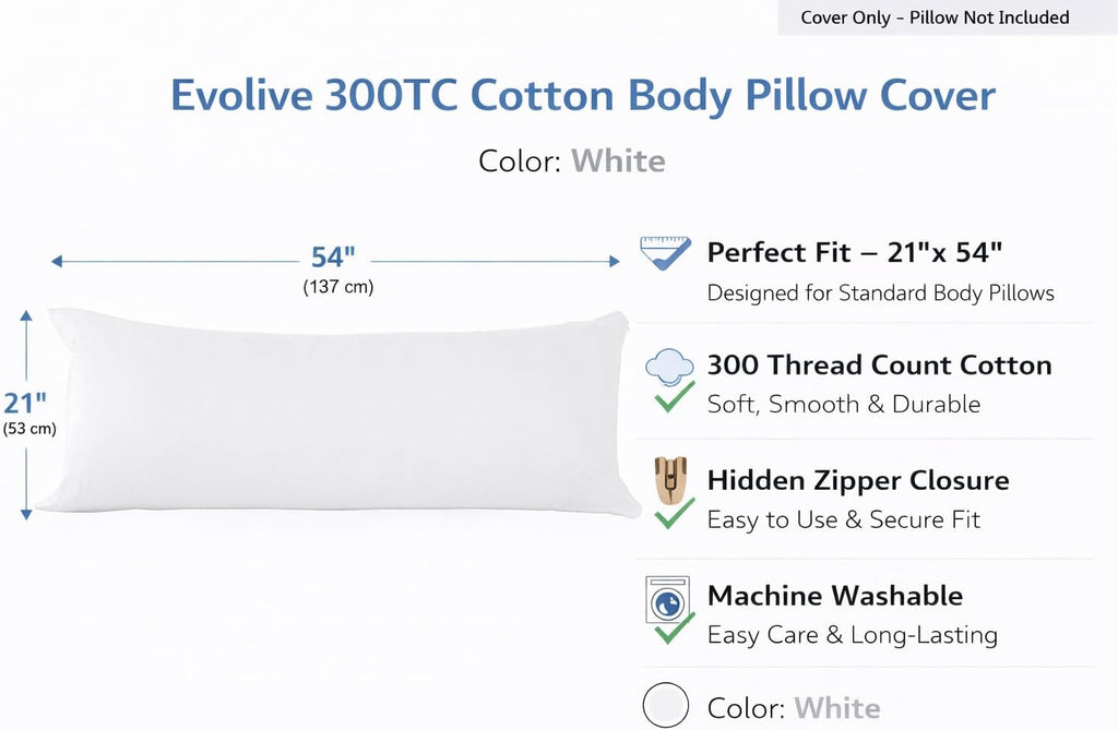 Evolive 300 Thread Count 100% Cotton Body Pillow Cover, 21" x 54", Soft Breathable Replacement Pillow Case with Hidden Zipper Closure (Whit…