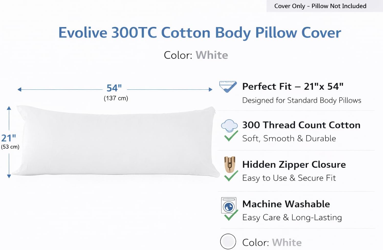 Evolive 300 Thread Count 100% Cotton Body Pillow Cover, 21" x 54", Soft Breathable Replacement Pillow Case with Hidden Zipper Closure (Whit…