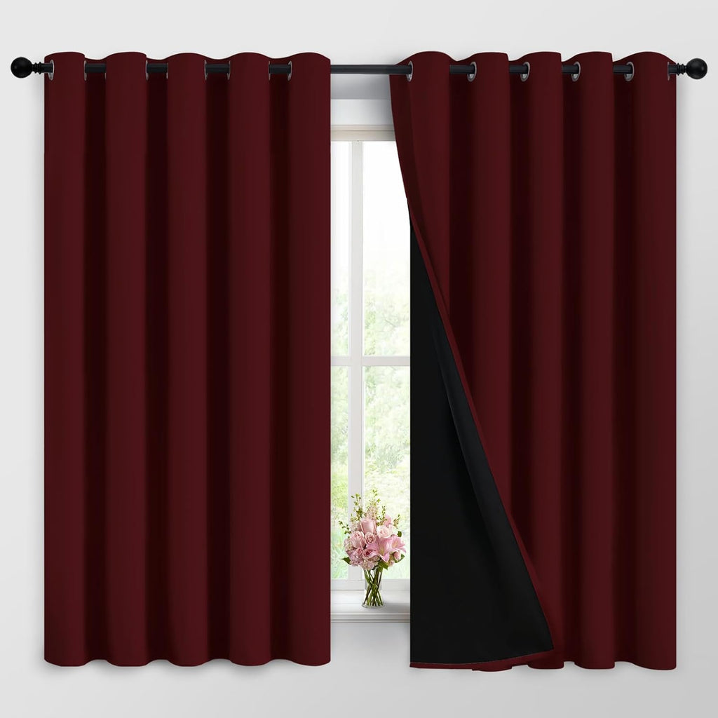 Yakamok 100% Blackout Curtains for Living Room, Noise Reducing Drapes, Thermal Insulated Blackout Curtains for Bedroom(62Wx63L, Burgundy Red…