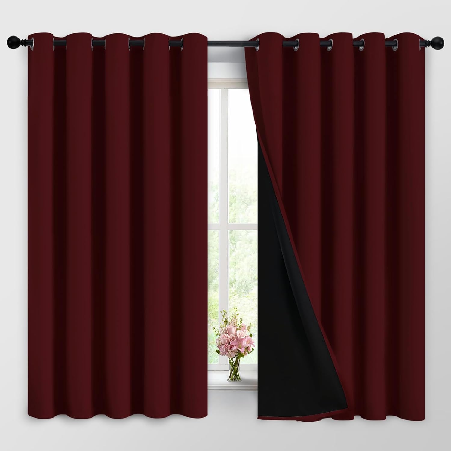 Yakamok 100% Blackout Curtains for Living Room, Noise Reducing Drapes, Thermal Insulated Blackout Curtains for Bedroom(62Wx63L, Burgundy Red…