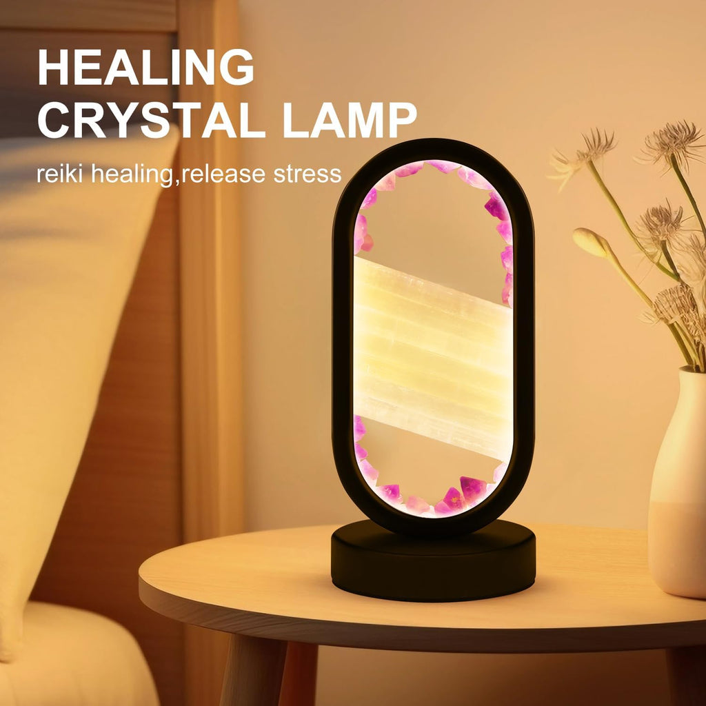 Natural Amethyst and Selenite Crystal Healing Night Table Lamp –3-Color Dimmable Mood Lighting for Meditation Relaxation and Restful…