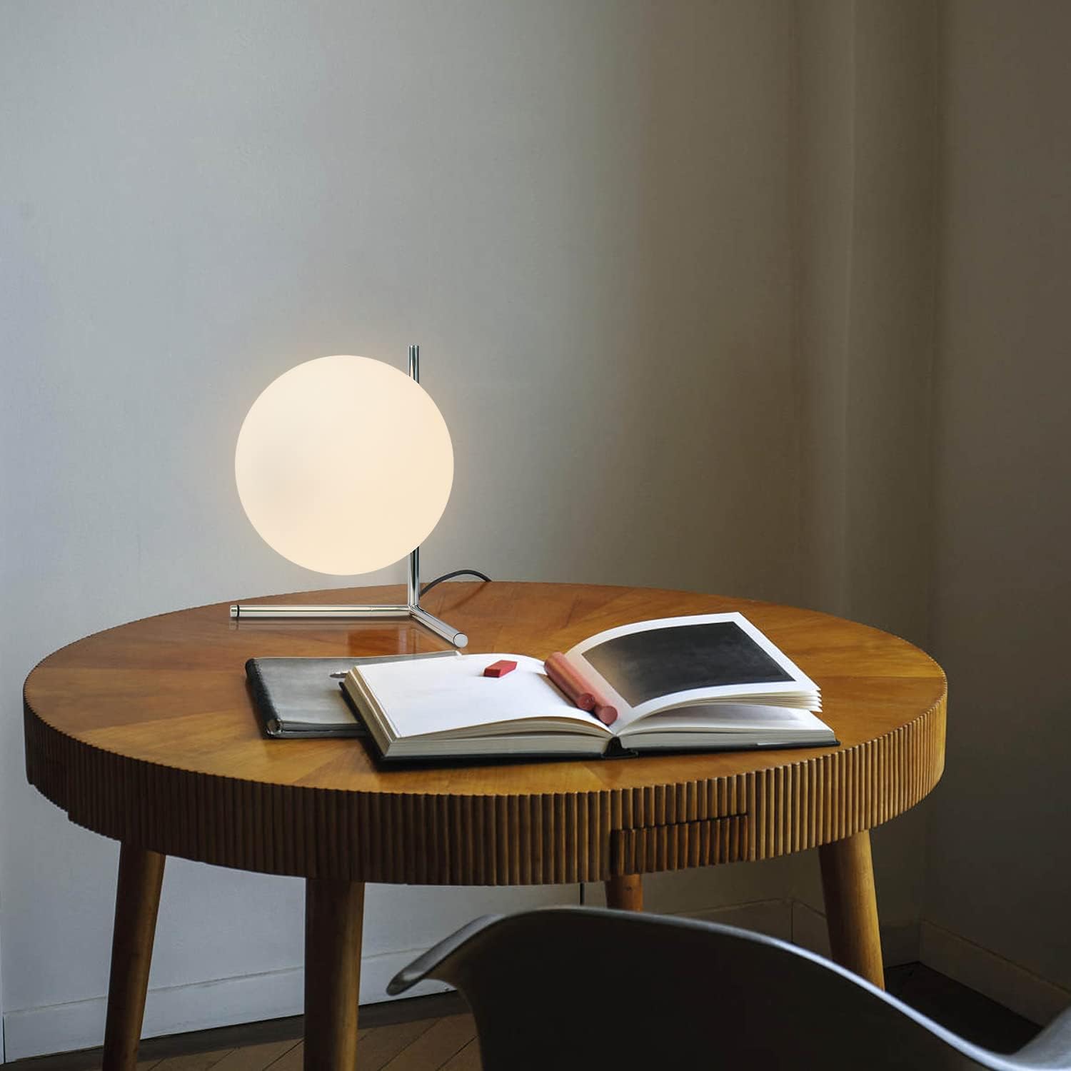 BOKT Modern Globe Table Lamp Chrome Simple Desk Lamp Bedside Nightstand Small Lamp Nordic Creative Design White Glass Ball Reading Lights…