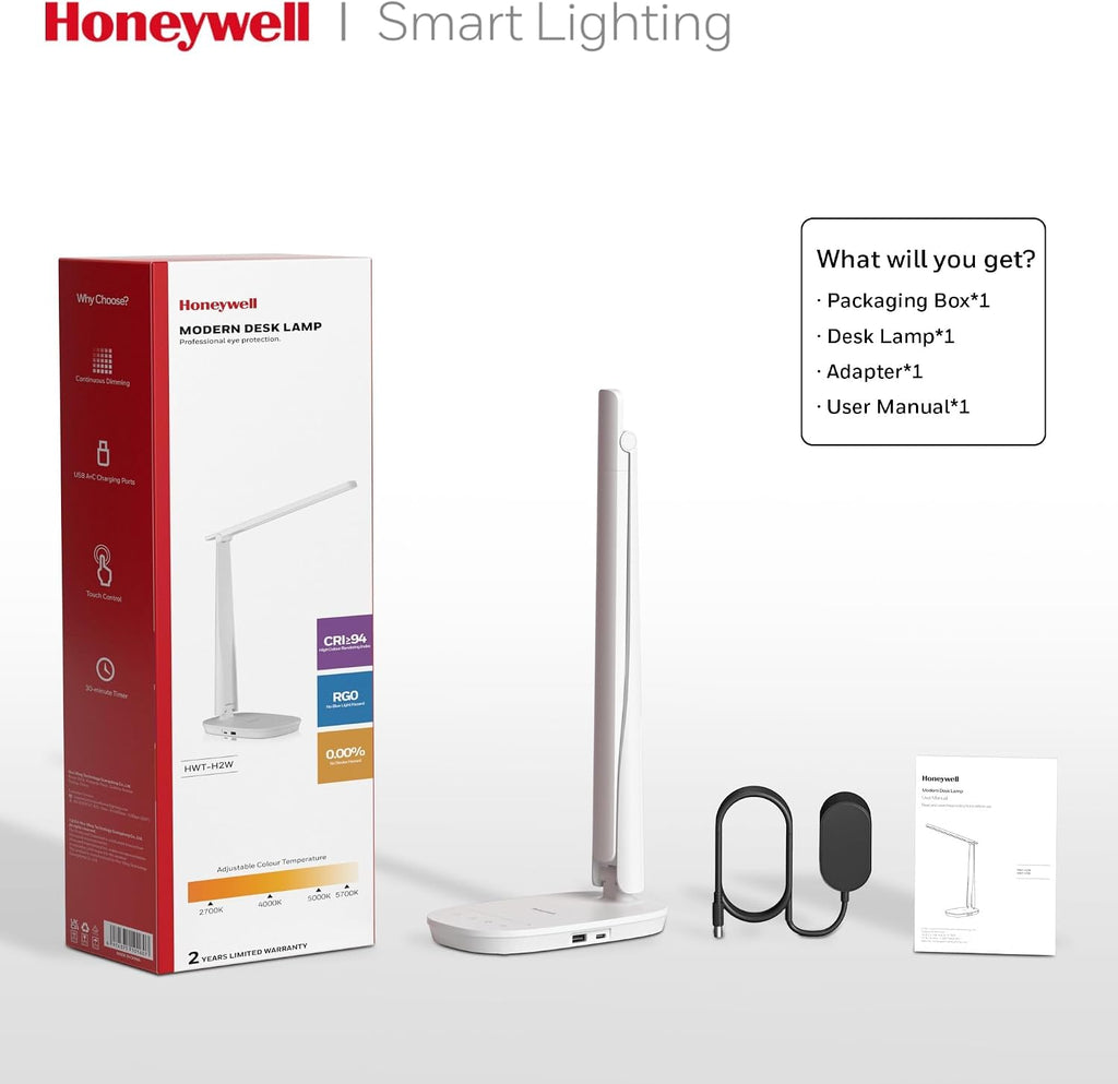 Honeywell HWT-H2 LED Desk Lamp, CRI94 Full Spectrum Eye-Caring Table Light, Foldable Dimmable 4 Color Modes with USB A+C Charging Ports…