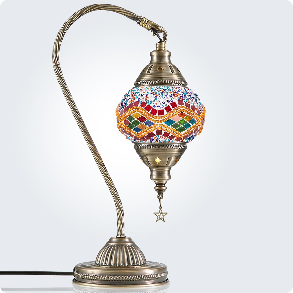 Yarra-Decor Turkish Moroccan Lamp with Bronze Base 3 Color Options Handmade Swan Neck Tiffany Mosaic Glass Bedside Lamps for Bedroom (LED…