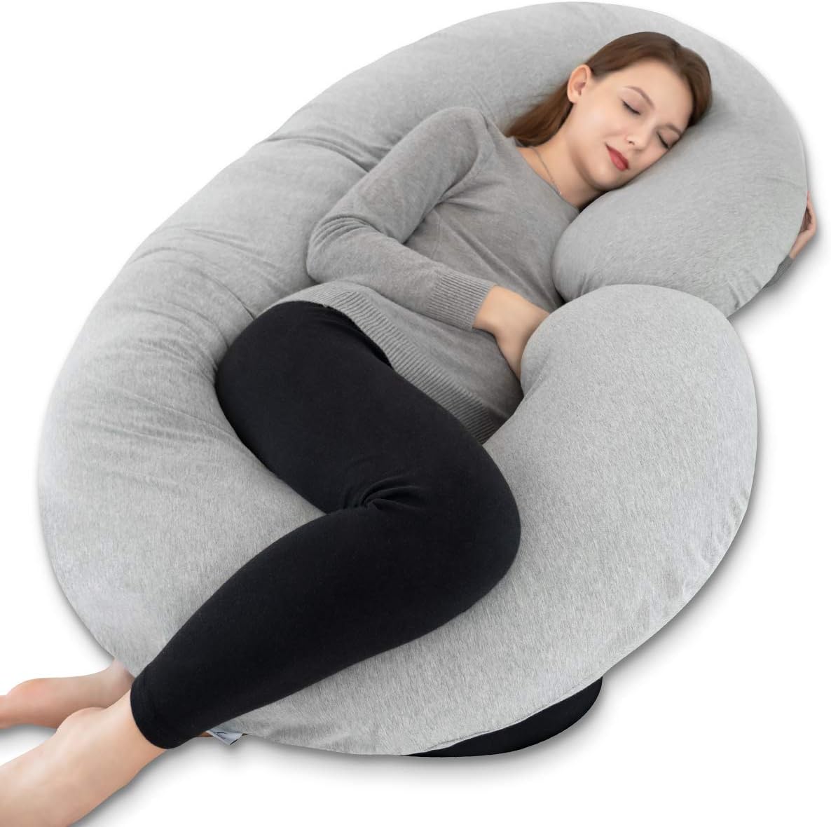 INSEN Pregnancy Pillow for Sleeping, Maternity Pillow with Jersey Cotton Cover, C Shaped Body Pillow for Pregnant (Natural Gray)