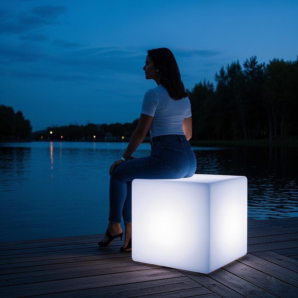 Mr.Go 20-inch LED Lighted Cube Table, Large LED Cube Chair Light, 16 RGB Colors Glowing Cube Seat w/Remote - Rechargeable - Waterproof…