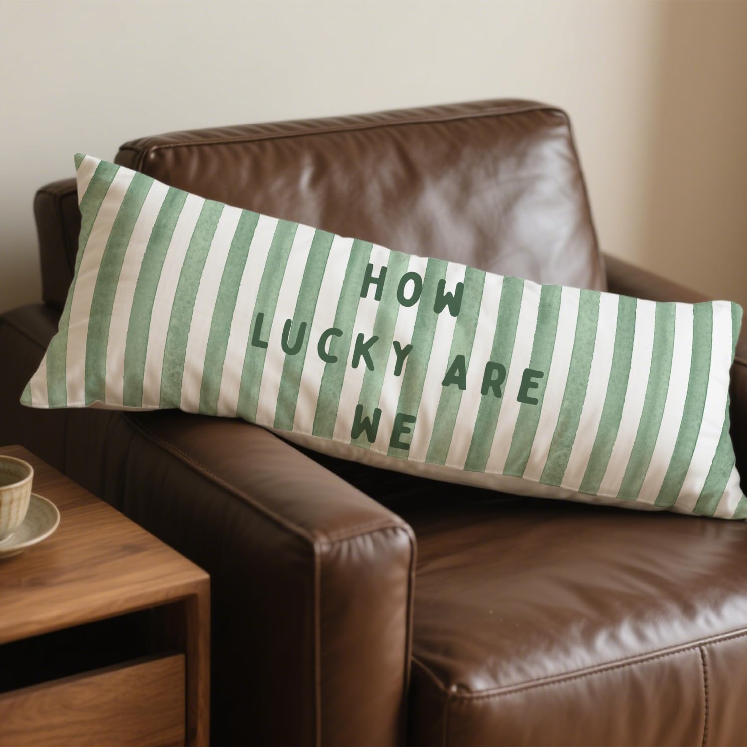 How Lucky are We Sage Green 20x54 Body Pillow Cover, Preppy Room Decor Aesthetic, Trendy Sage Green Stripes Minimalist Decorative Long…