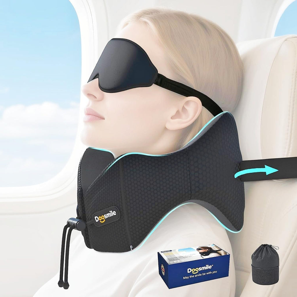Doosmile Patented Head-Bobble-preventing Ergonomic 360° Supporting Golden Formula Memory Foam Travel Neck Pillow w/3D Contoured Eye…