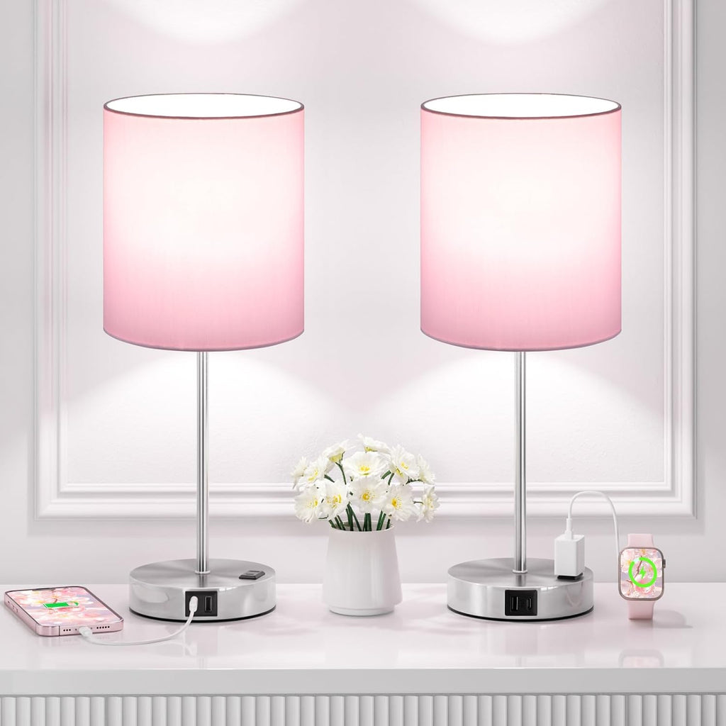 Fenmzeelighting Pink Touch Lamps for Nightstand Set of 2 - Bedside Table Lamp for Bedroom with Dual USB Ports & AC Outlet, 3-Way Dimmable L…