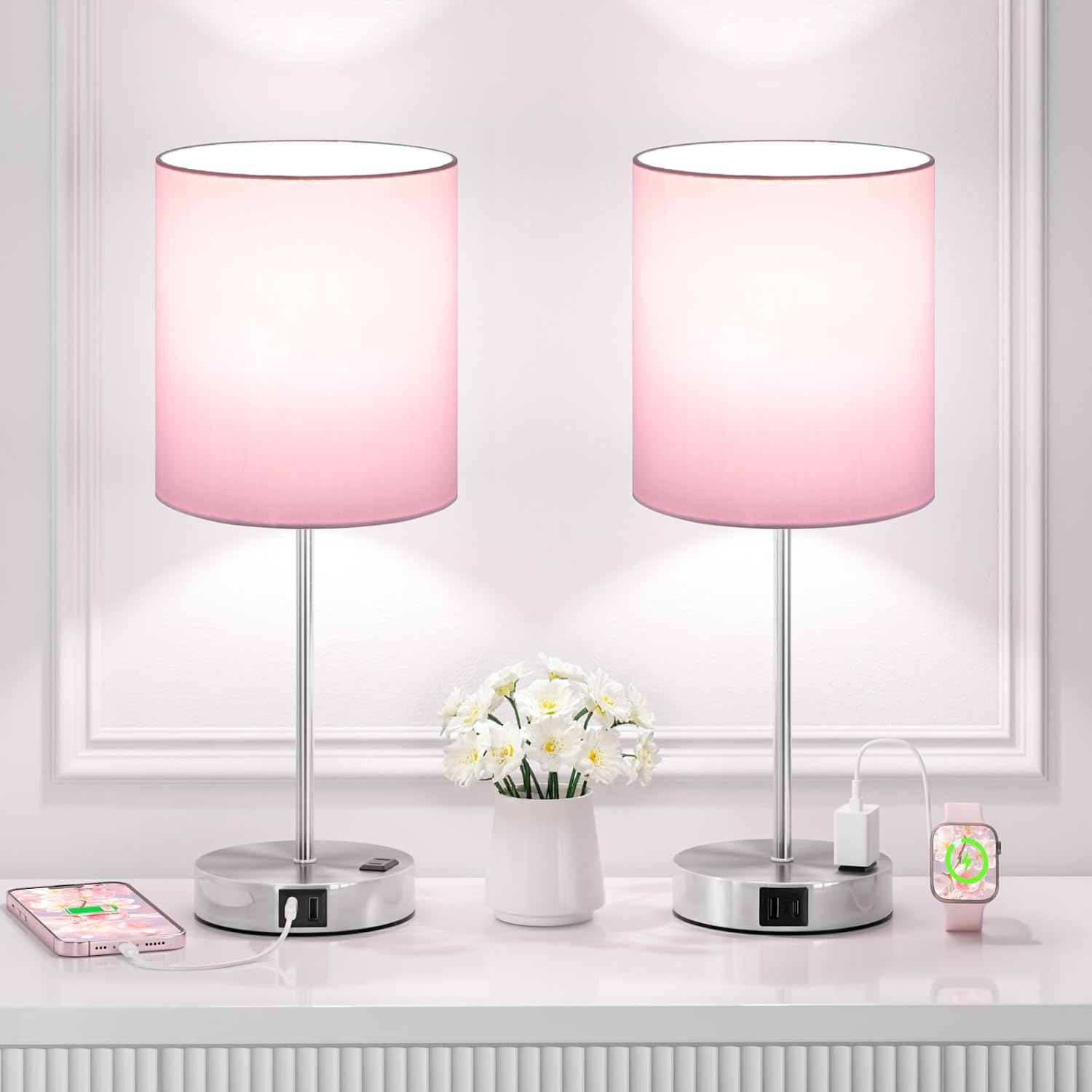 Fenmzeelighting Pink Touch Lamps for Nightstand Set of 2 - Bedside Table Lamp for Bedroom with Dual USB Ports & AC Outlet, 3-Way Dimmable L…