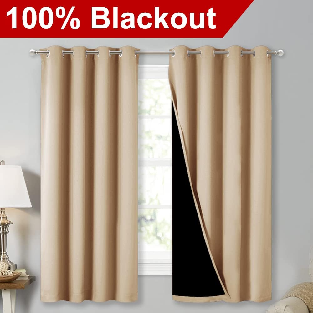 Nicetown Extra Long Truly Blackout Drapes for Hall and Villa, 46" Width Each Panel, 45" Length, Biscotti Beige, 2 Pieces, 100% Blackout Win…