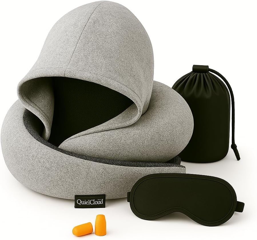 Travel Neck Pillow Hooded Memory Foam 360° Head & Chin Support, Lightweight Breathable Adjustable Fit Travel Neck Pillow with Eye Mask…