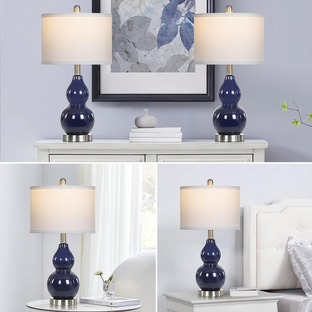 Rinweey Double Gourd Ceramic Table Lamps Set of 2, Modern Navy Blue Bedside Lamps for Night Stand, Contemporary Nightstand Lamps for…