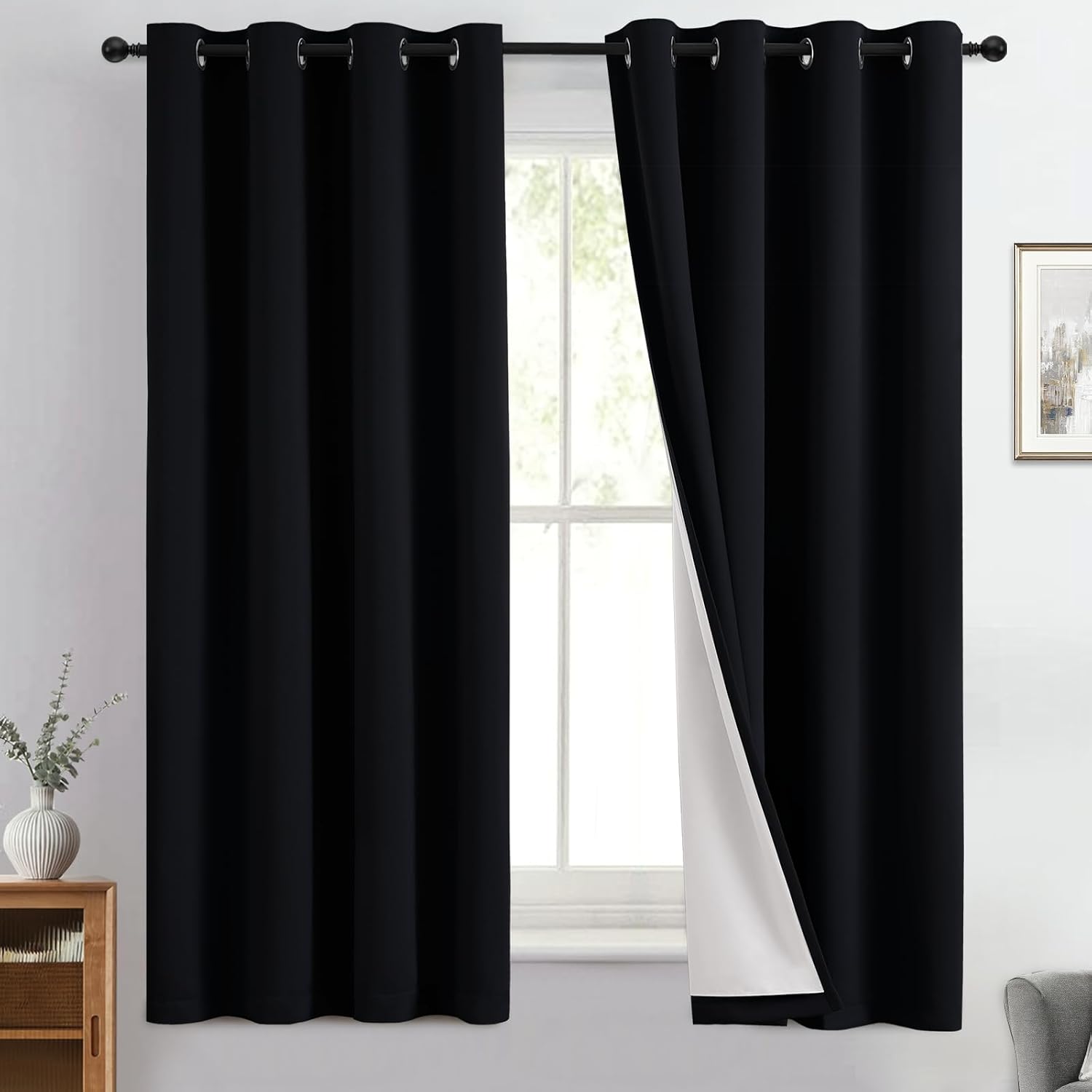 Yakamok 100% Blackout Curtain Panels 63 inches Cold and Light Blocking Drapes for Nursery, 2 Thick Layers Thermal Insulated Draperies (2 Pi…