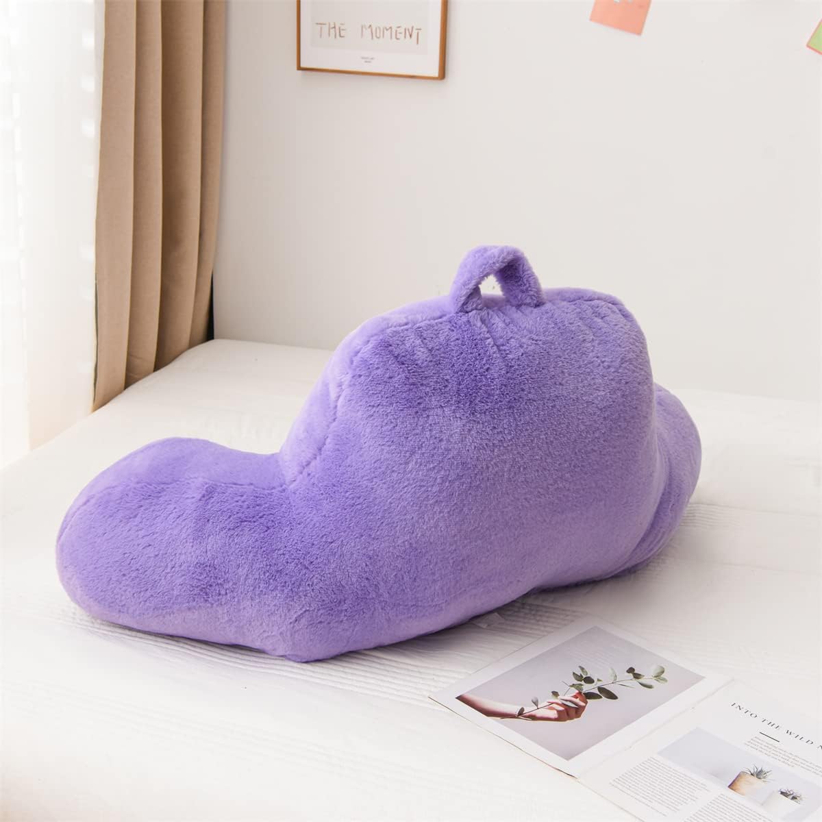 Holawakaka Plush Reading Pillow for Sitting Up in Bed – U-Shaped Backrest with Arms for Petites, Kids, Teens – Back Support for Lounging…