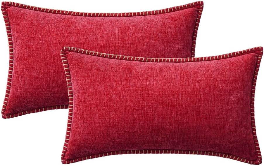 Miulee Pack of 2 Lumbar Throw Pillow Covers 12x20 Inch Red Farmhouse Decorative Pillow Covers with Stitched Edge Soft Chenille Solid Dyed P…