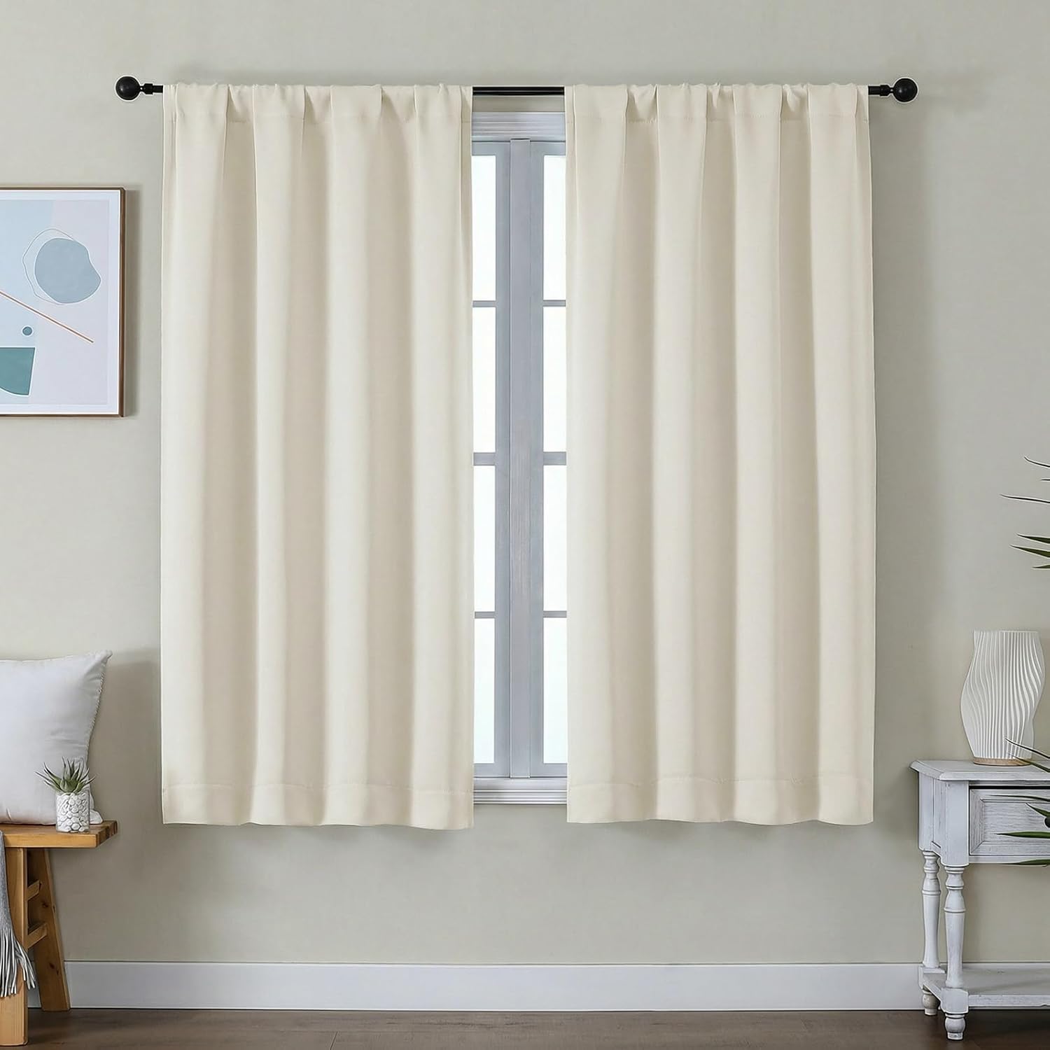 Simplebrand Ava Light Beige Short Light Filtering Curtains for Bedroom 54 Inches Long 2 Panels Set, Solid Thermal Insulated, Energy Saving…
