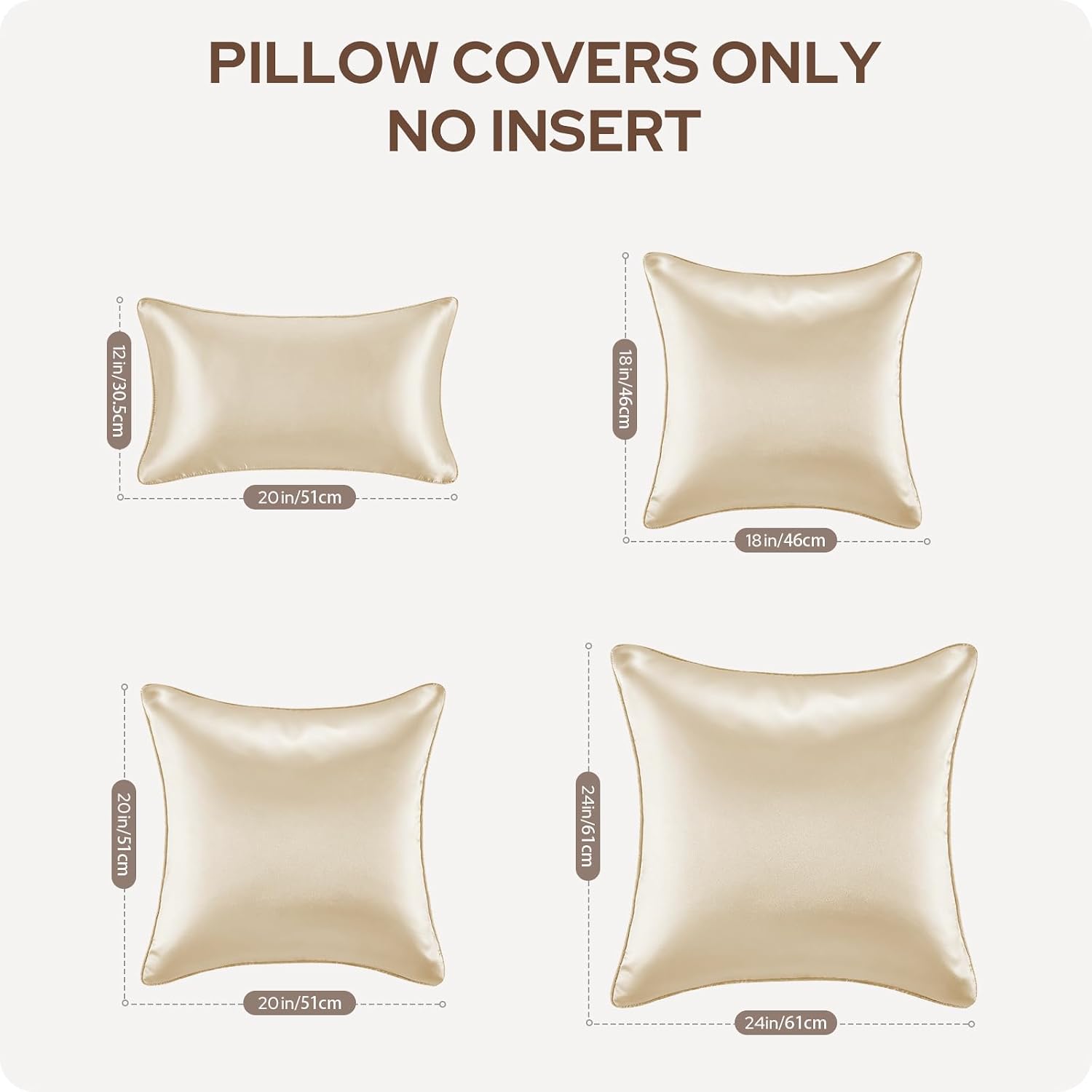 Homeideas Champagne Decorative Throw Pillow Covers 18x18 Set of 2, Glossy Faux Silk Pillow Covers for Couch Sofa Bed Decor Luxury Summer Eu…