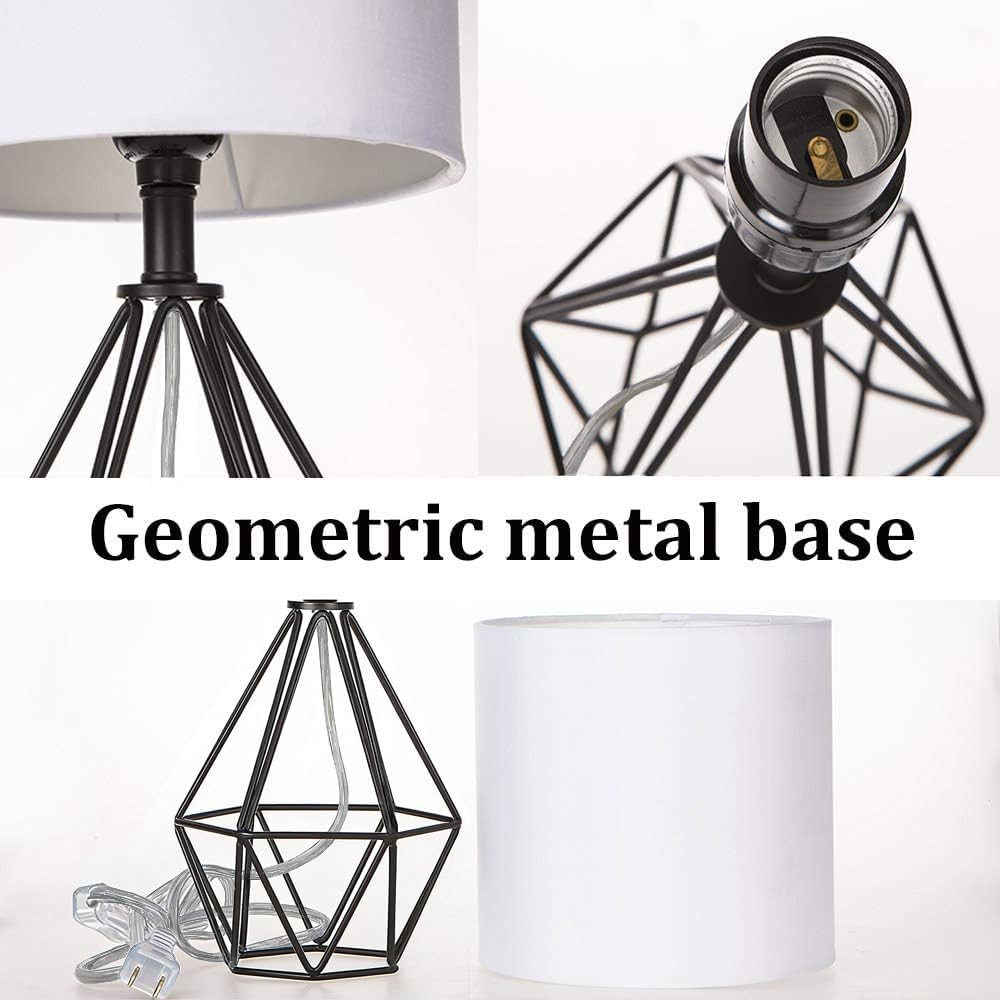 Black Bedside Table Lamps Set of 2, Small Nightstand Lamps for Bedroom, Modern Desk Lamps with TC Fabric Shade Geometric Metal Base for…