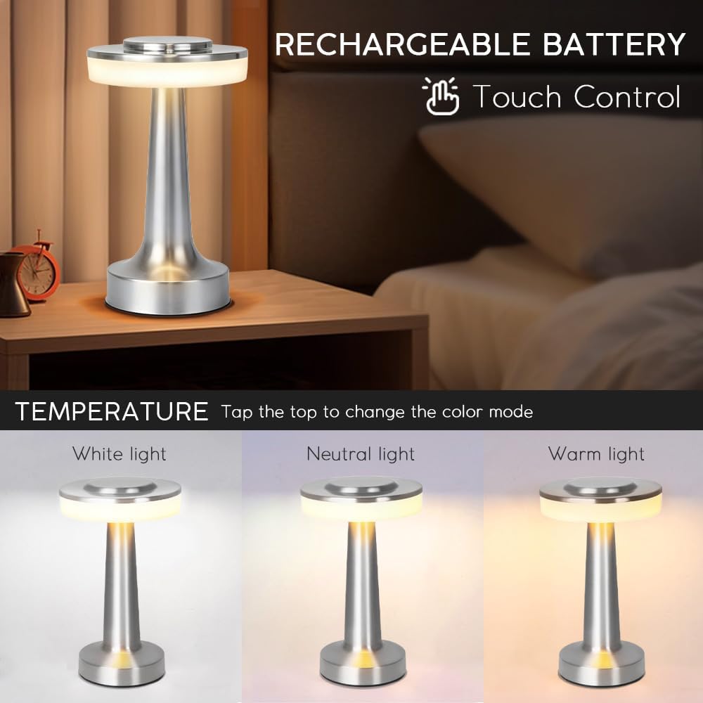 Jhpgeoe Cordless Metal Desk Lamp, Touch Sensor Control LED Table Lamp,3 Color Stepless Dimmable Battery Powered Lamp for Living Room, Dorm,…