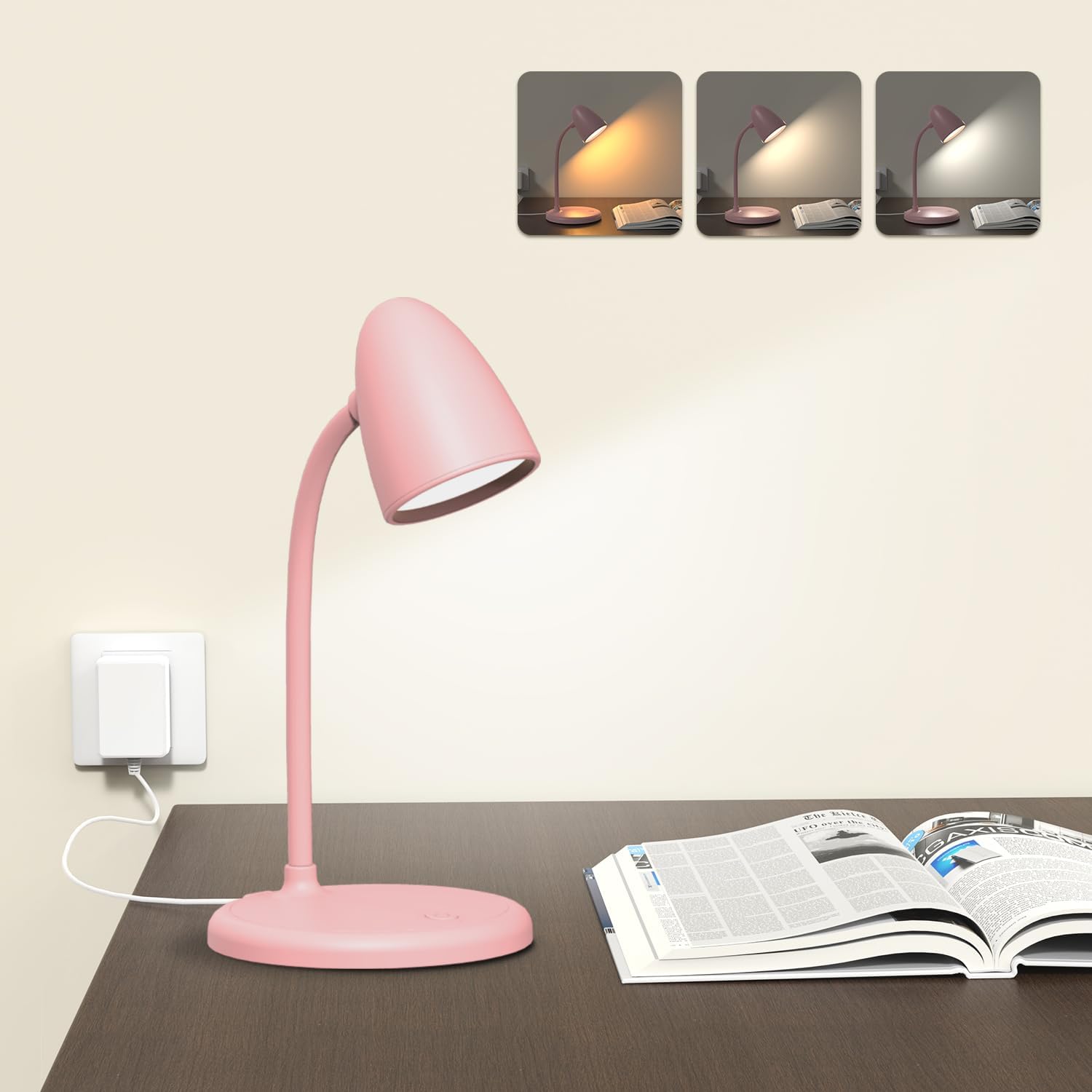 LED Desk Lamp for Home Office,3 Light Colors, Table Lamp, Dimmable Reading Light for Bedside Small Desk Lamp for College Dorm Room, Bedroom…