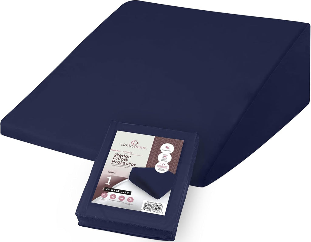 CirclesHome Wedge Pillow Cover 100% Cotton, Zippered Wedge Pillow Case Protector, Soft, Hypoallergenic & Breathable - Navy, (25Wx26Lx7.5) 7…