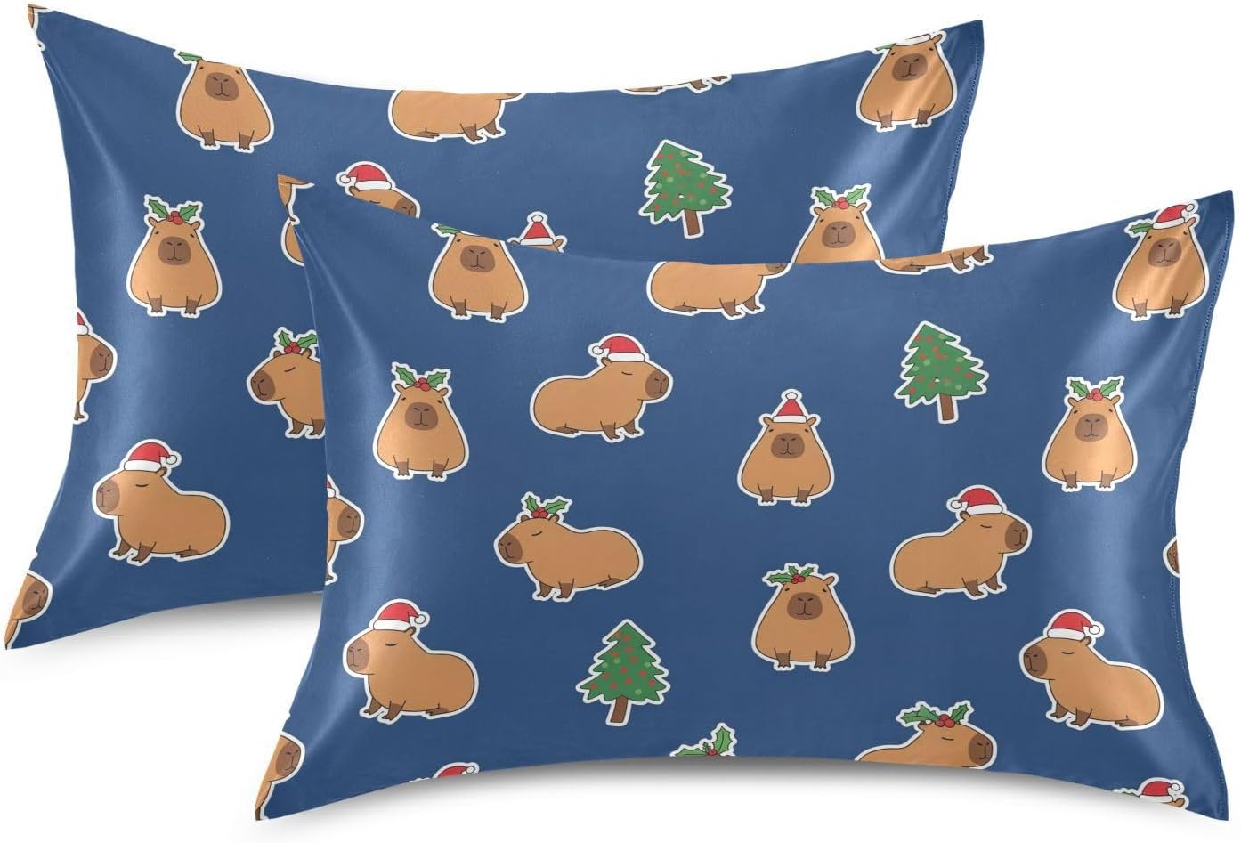 Christmas Capybara Blue Pillow Covers Silk Pillowcase for Hair and Skin Breathable Silky Soft Satin Pillowcase Queen Size Pillow Case for…