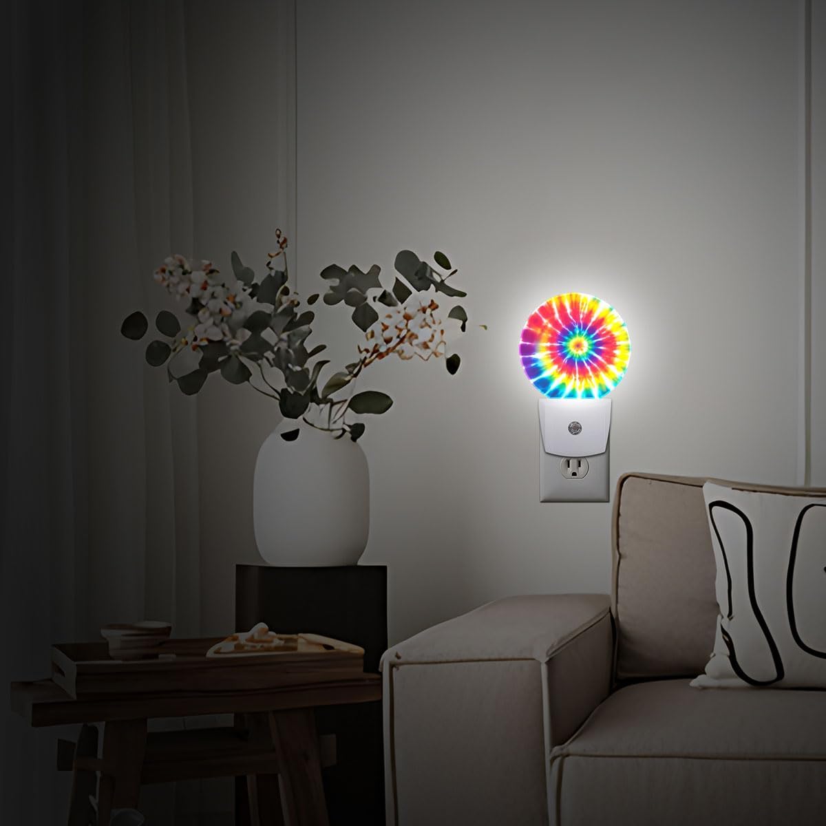 Rainbow Tie Dye Night Light Plug Into Wall Auto Led Sleep Round Lamp for Living Room Hallway Stairs