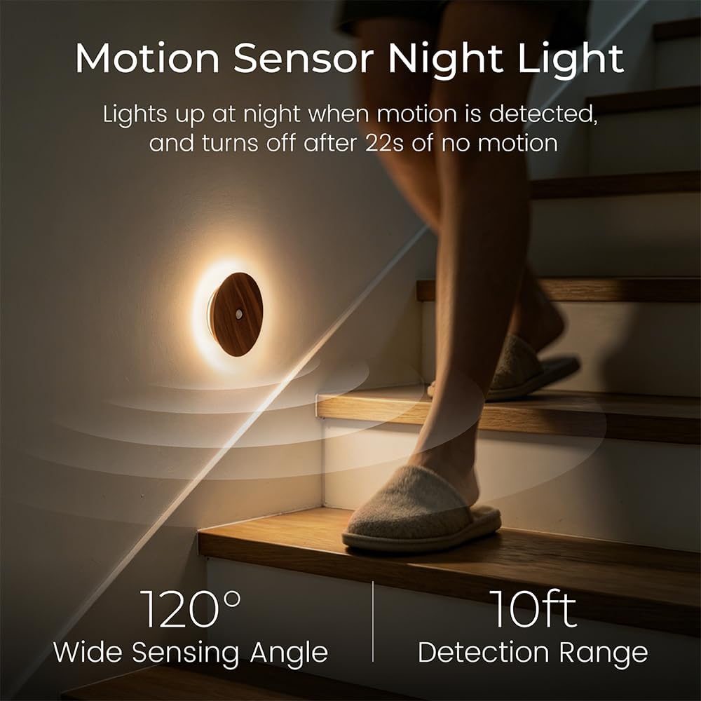 Motion Sensor Night Light Wood Rechargeable Battery Powered Stick-On Step Lights Magnetic Closet Warm Nightlight for Hallway Bedroom…